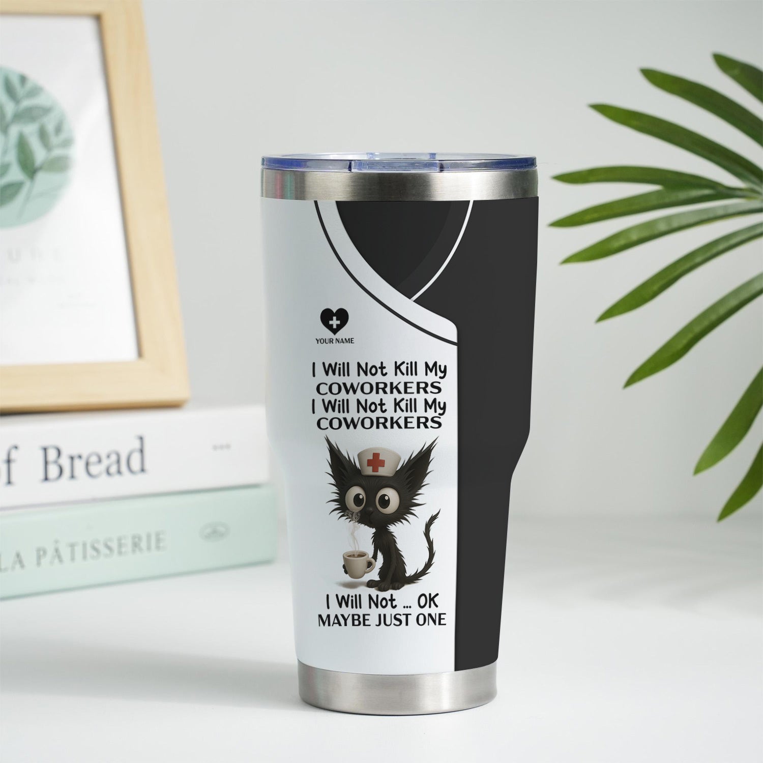 Custom Name Nurse Tumbler - Sarcastic Cat and Coffee Design for RN LPN CNA - Funny Medical Coworker Gift