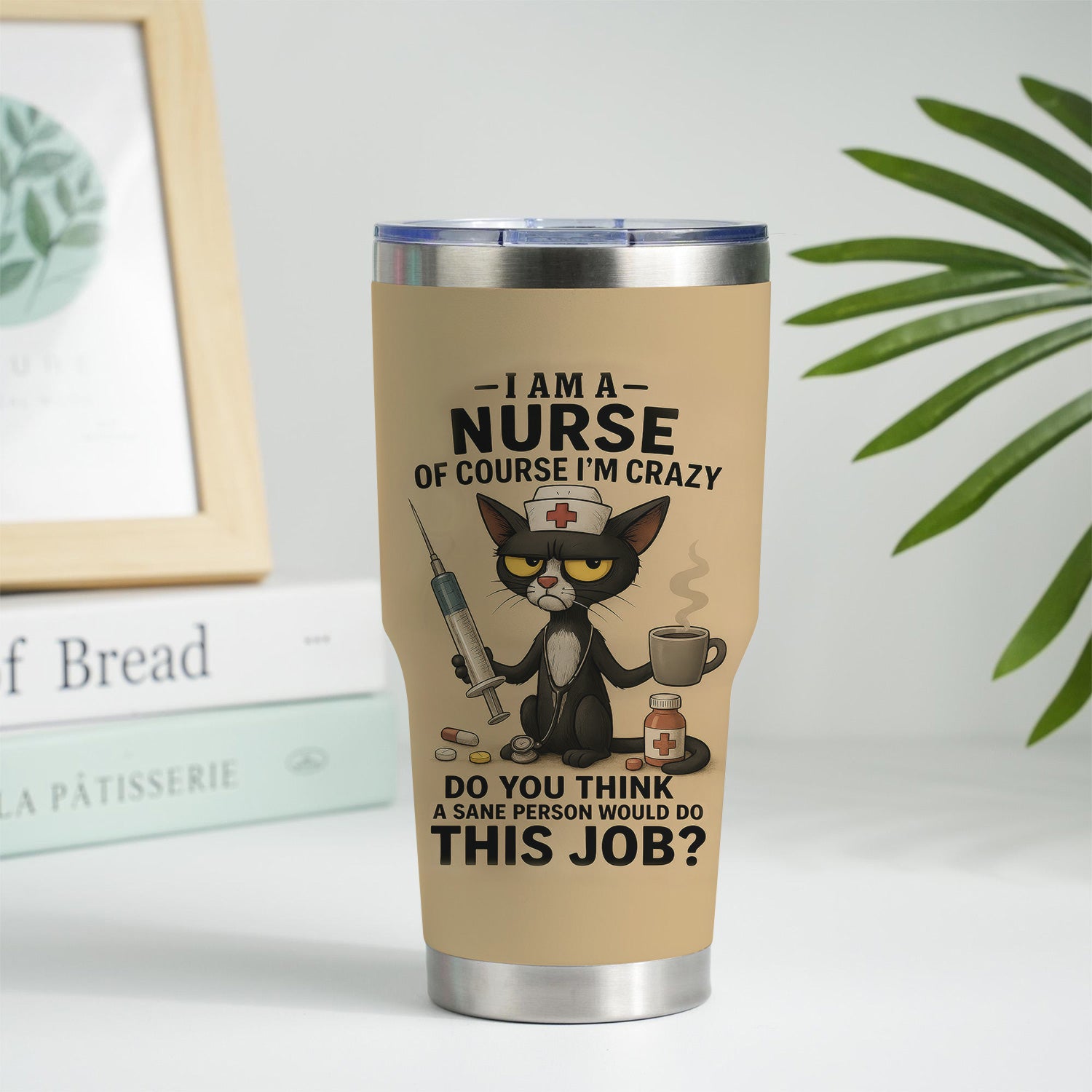 Custom Funny Nurse Tumbler - Angry Cat Design with Syringe Coffee & Pills - Hilarious Gift for Women RN CNA LPN