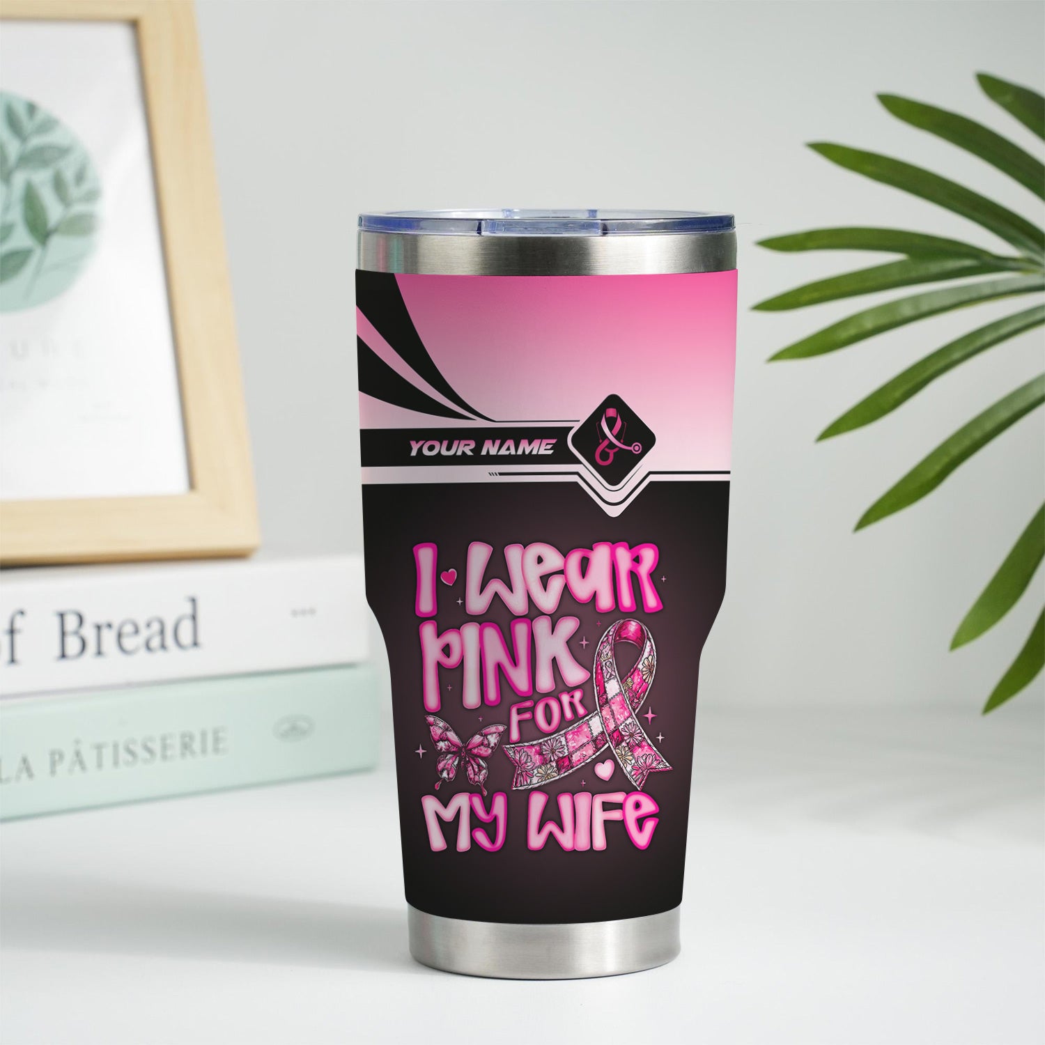 Personalized Breast Cancer Awareness Tumbler - Pink Ribbon Stainless Steel Cup - Gift for RN LPN CNA