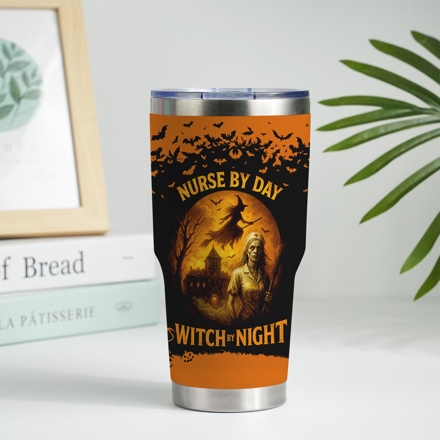 Halloween Nursing Travel Tumbler for CPN LPN RN - Scary Witch Nurse By Day Night Design - Gift for Healthcare Workers Medical Staff