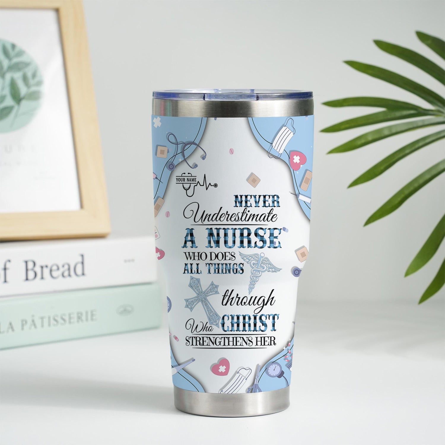 Personalized Christian Nurse Tumbler for RN LPN CNA - Custom Name All Things Through Christ Quote - Faith Medical Gift for Healthcare Workers