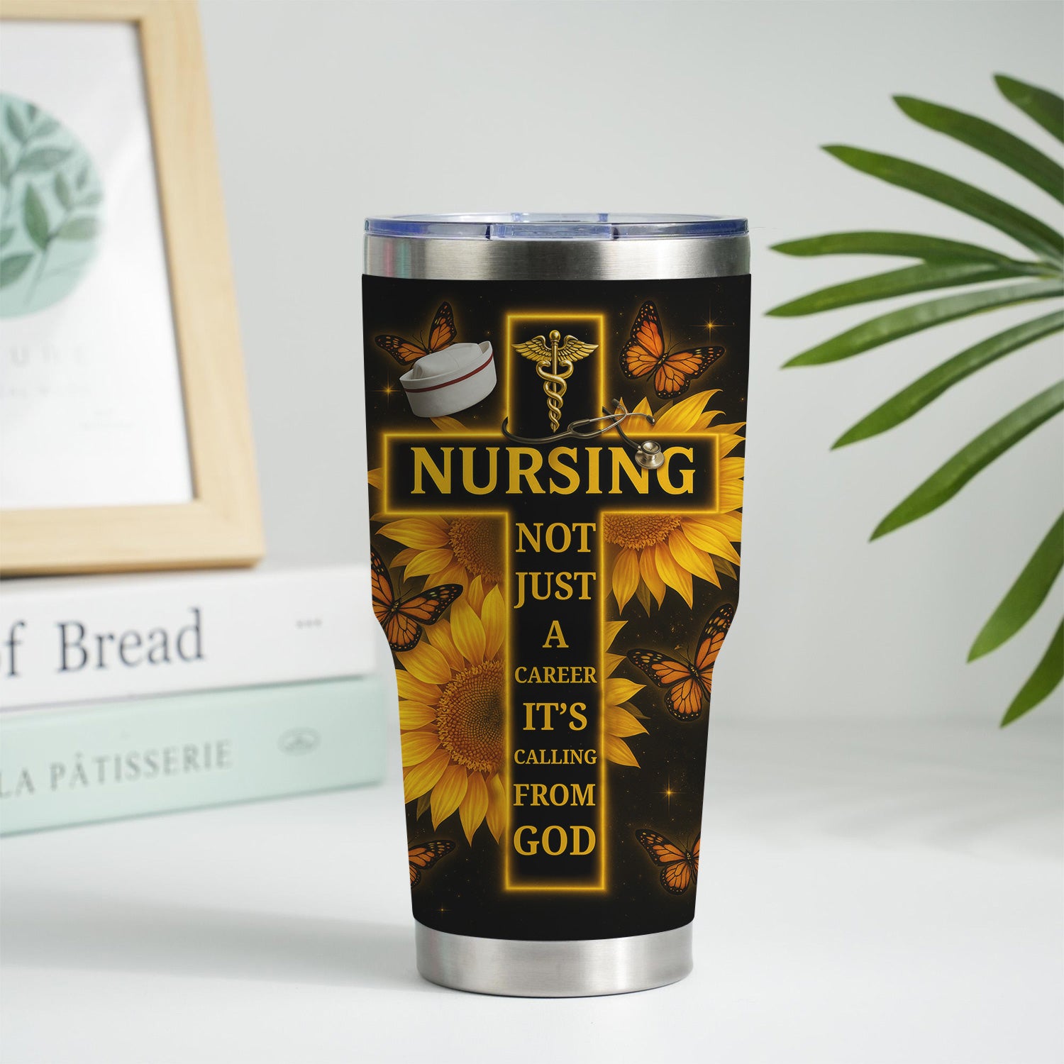 Custom Christian Nurse Tumbler - Faith-Based Gift with Stethoscope & Sunflower Cross - Great Gift for Christian RN CNA LPN Women