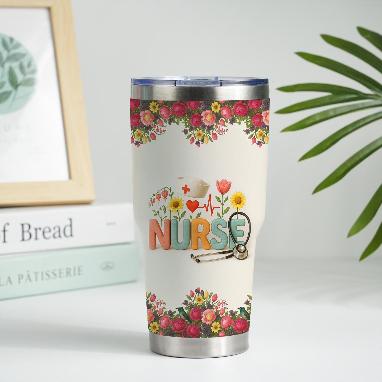 Personalized Floral Nurse Tumbler with Colorful Letters and Name - Cute Stethoscope Design - Thoughtful Gift for RN CNA LPN Women - Nurse Week or Birthday Idea