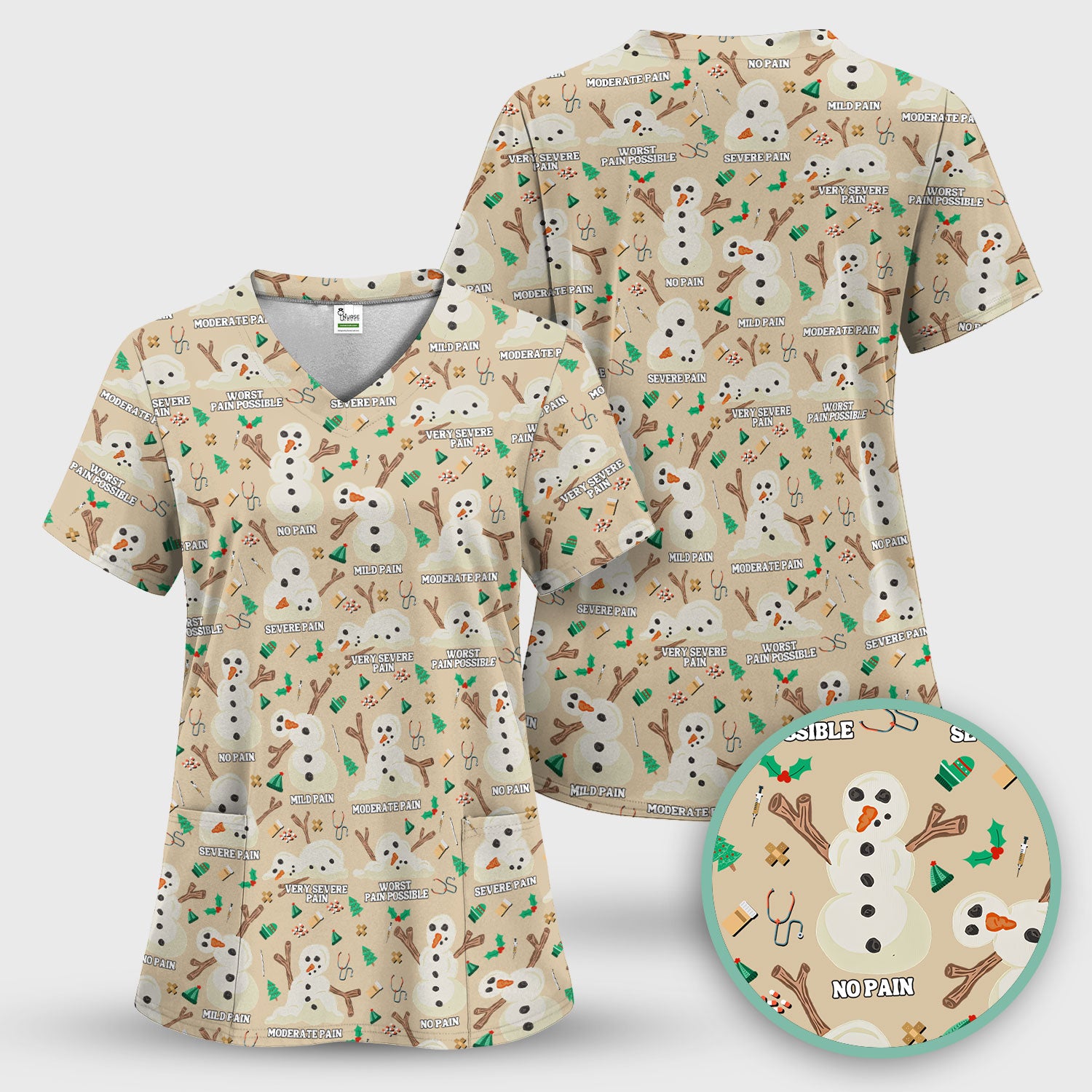 Christmas Snowman Nurse Scrub Top for Women - Funny Pain Scale Medical Shirt - Cute Holiday Nursing Uniform Gift for RN LPN CNA