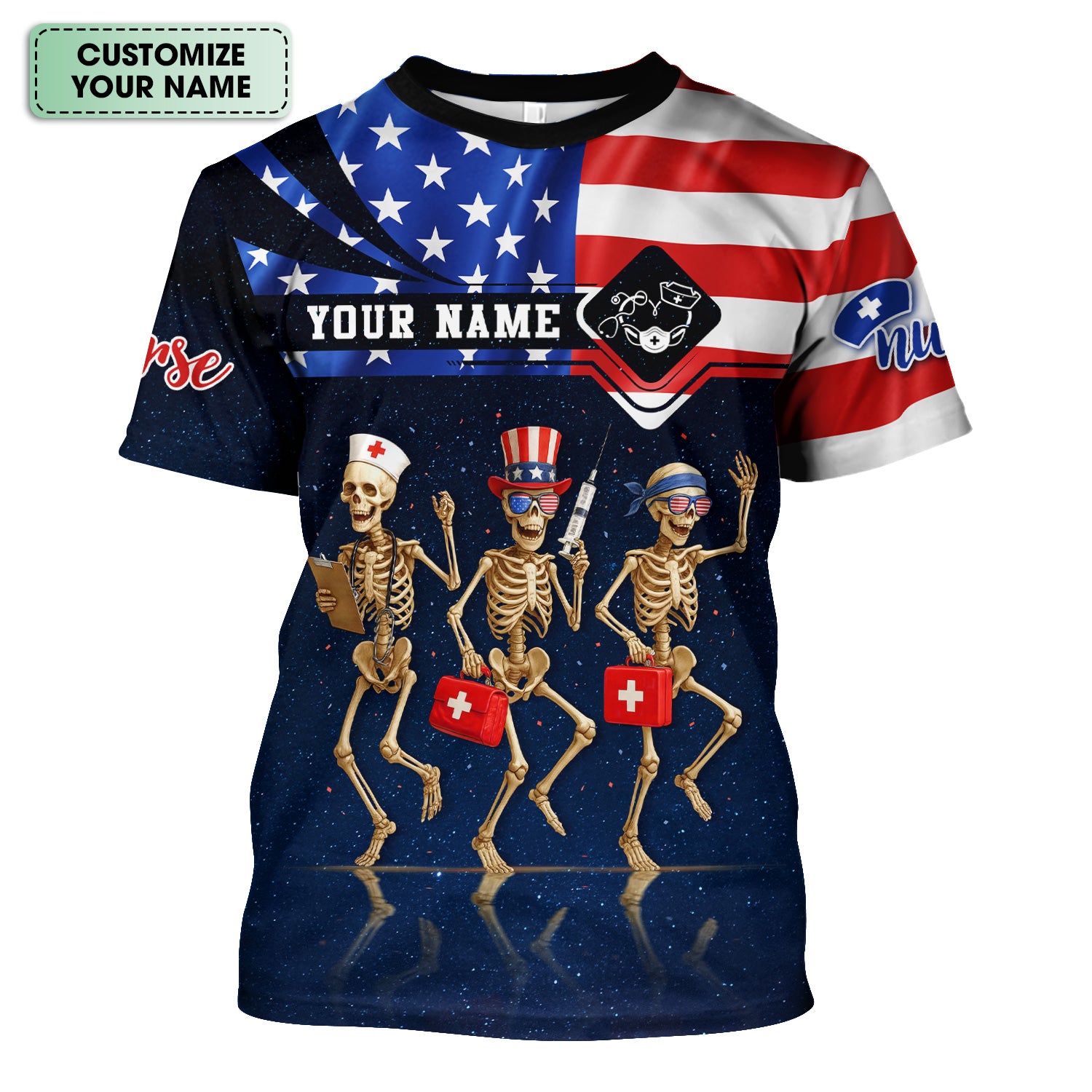 Funny Nurse Skeleton Shirt - Personalized 4th of July Scrub Life Tee - Custom Name RN CNA LPN Gift