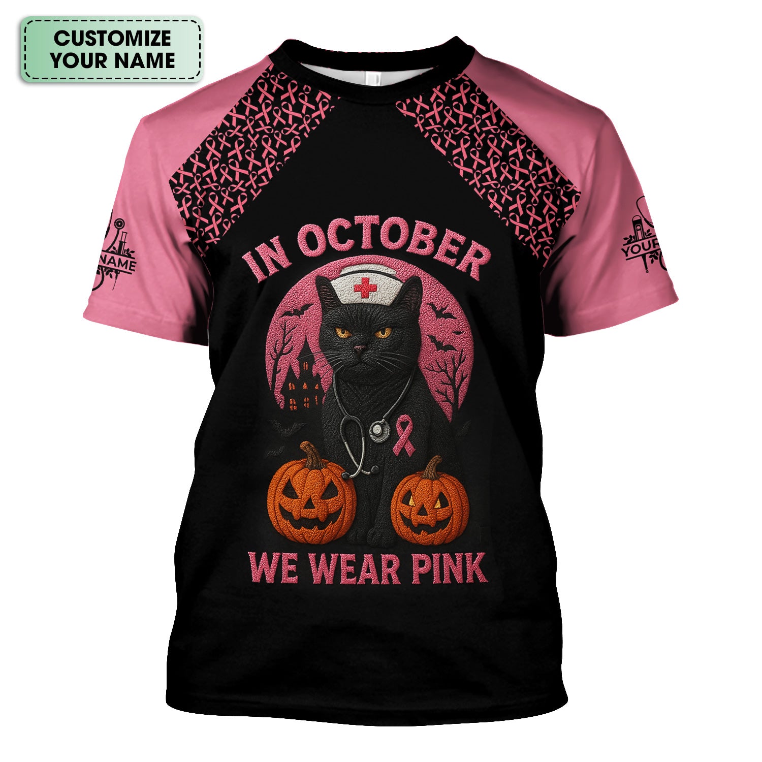 Custom Breast Cancer Awareness Nurse Shirt - In October We Wear Pink Halloween Cat Tee - CNA RN LPN Nursing Apparel Gift