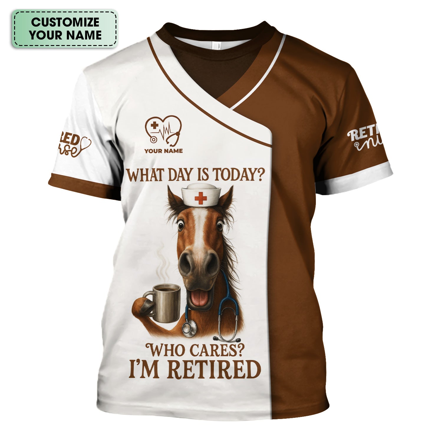 Funny Scrubs Top for Retired Nurse - Horse Design with Coffee Mug Quote - RN LPN Medical Staff Retirement Gift