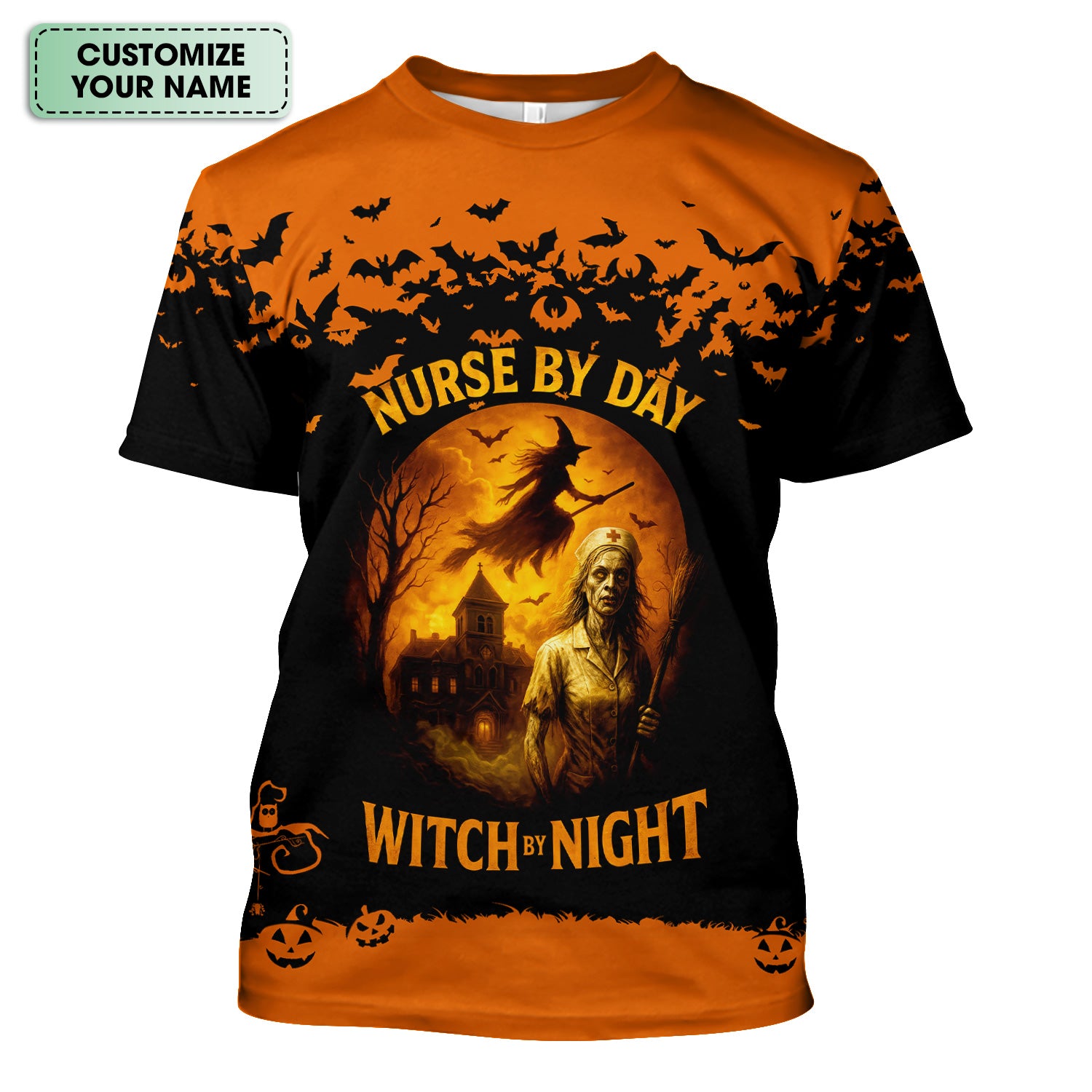 Funny Halloween Nurse Shirt - Nurse By Day Witch By Night Spooky Design - Custom Name Gift For RN LPN CNA Healthcare Workers