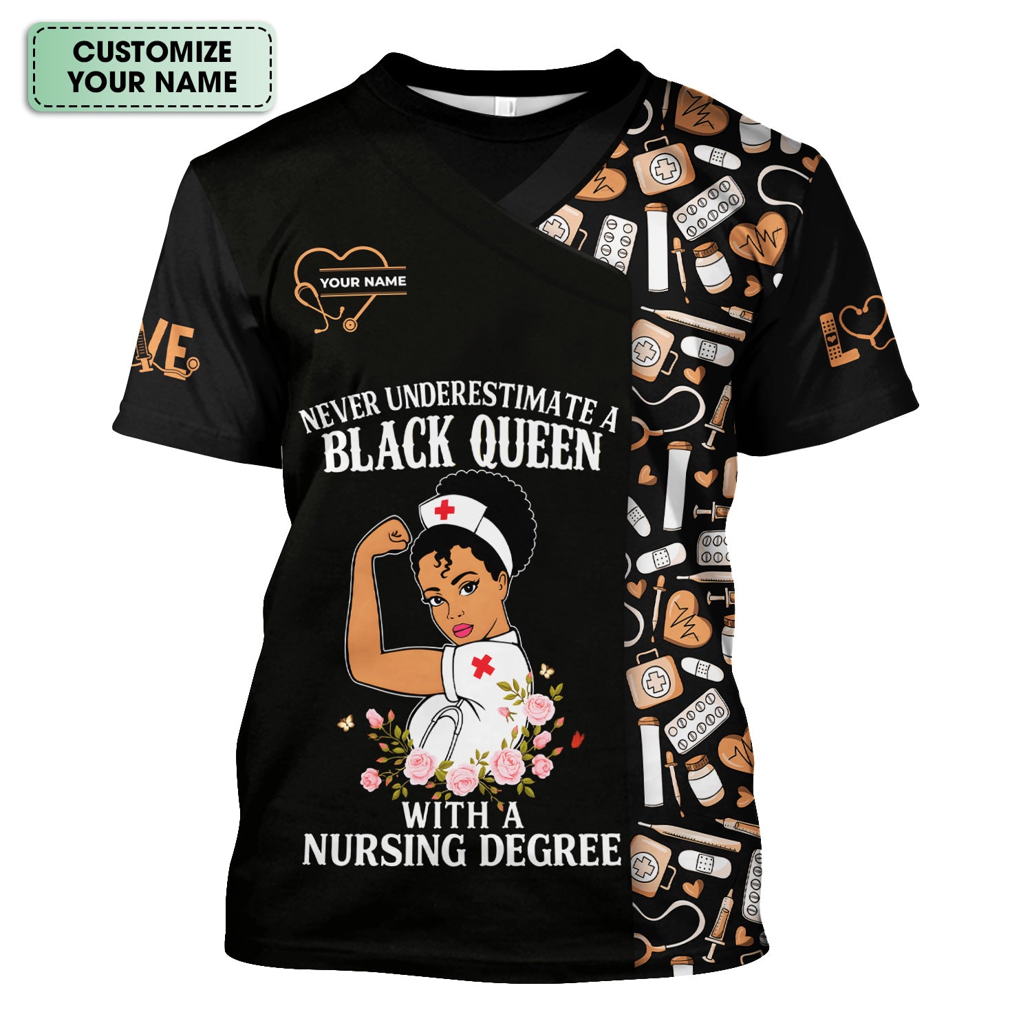 Personalized Nurse Scrub Top for Women - Black Queen With A Nursing Degree - RN LPN CNA Healthcare Workers Gift