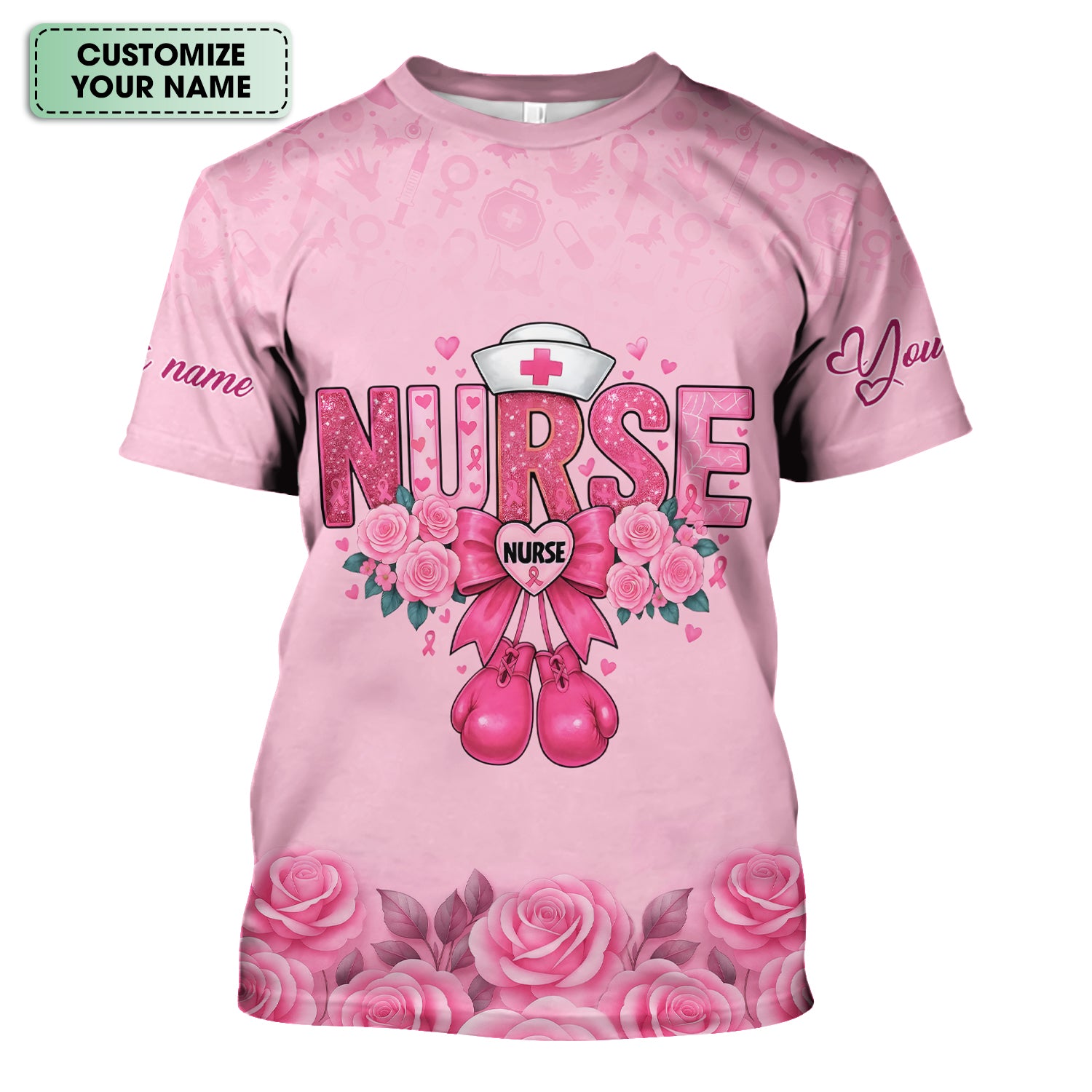 Personalized Breast Cancer Fighter Shirt - Pink Boxing Gloves & Rose Floral Design - Gift for RN LPN CNA