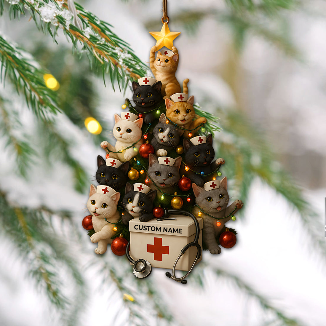Custom Name Nurse Cat Ornament, Christmas Tree Medical Design, RN LPN CNA Healthcare Workers Gift