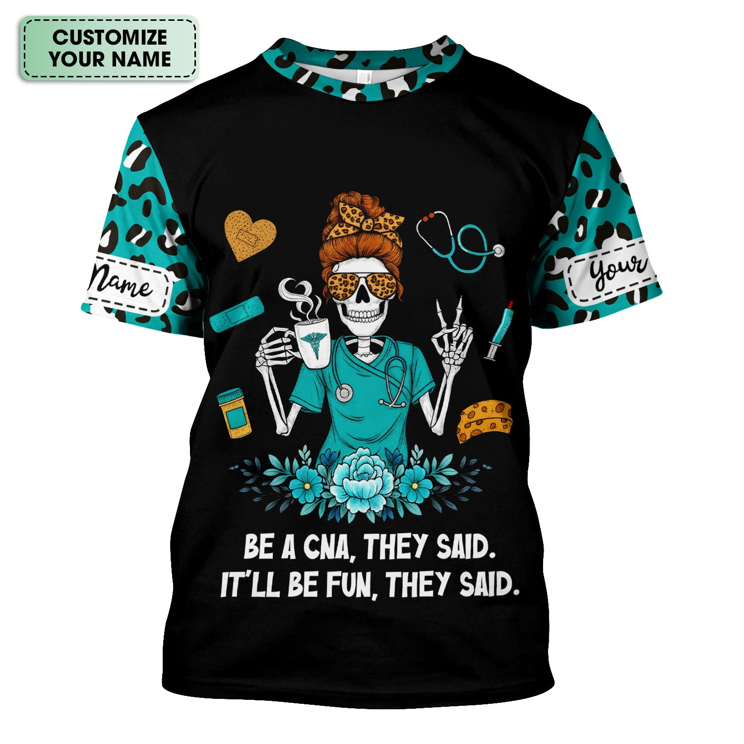 Personalized CNA Skeleton Shirt - Messy Bun Hair & Leopard Print Graphic Tee - Gift for Women CNA & Healthcare Workers