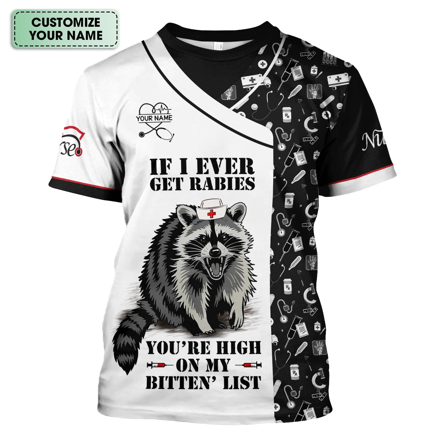 Custom Name Funny Nurse Scrub Top - You're High On My Bitten List - Gift for RN LPN CNA Healthcare Staff