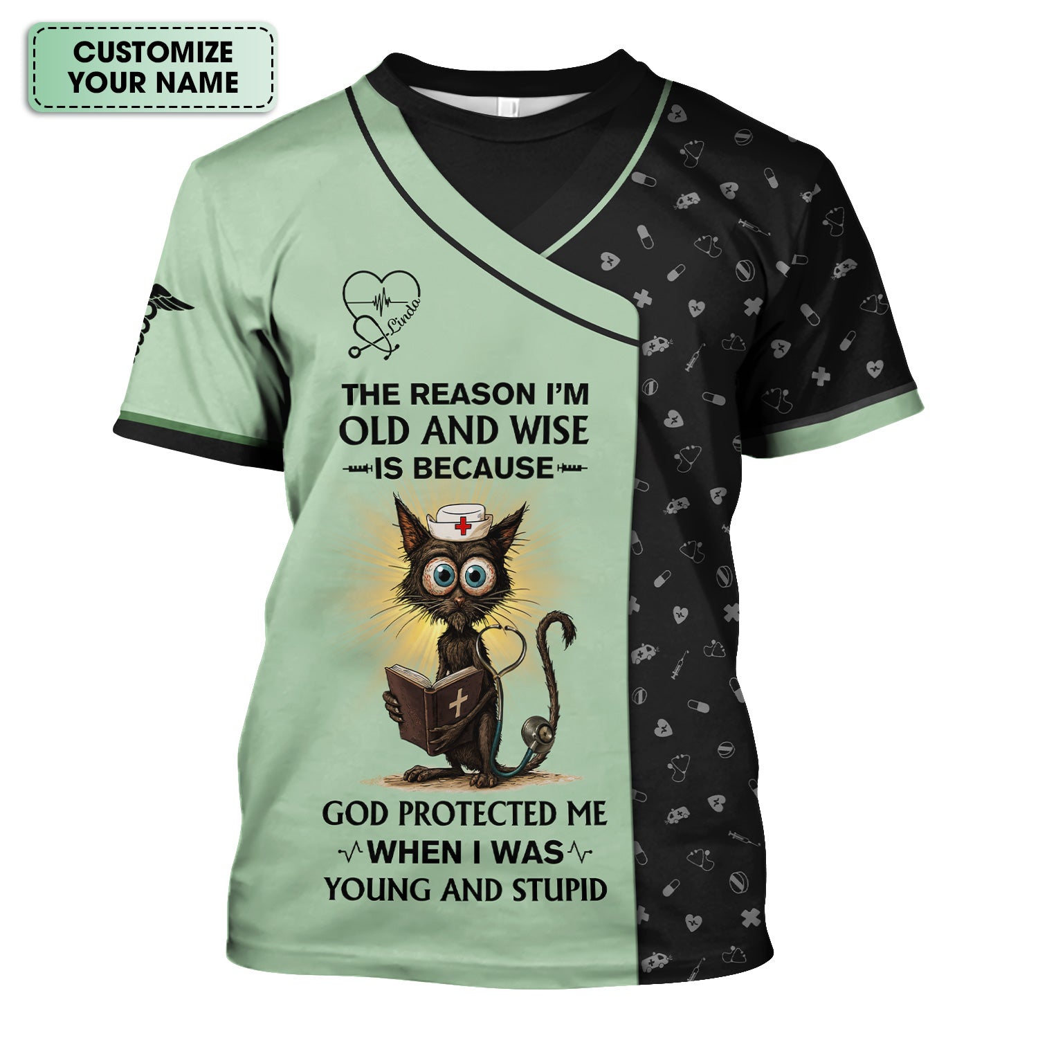 Personalized Funny Christian Nurse Shirt with Cat Design - God Protected Me Quote - Custom Name RN LPN CNA Gift