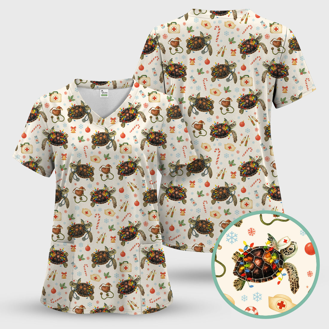 Christmas Turtle Scrub Top for Women - Cute Sea Turtle Nursing Medical Shirt - Festive Holiday Scrubs for CNA LPN RN
