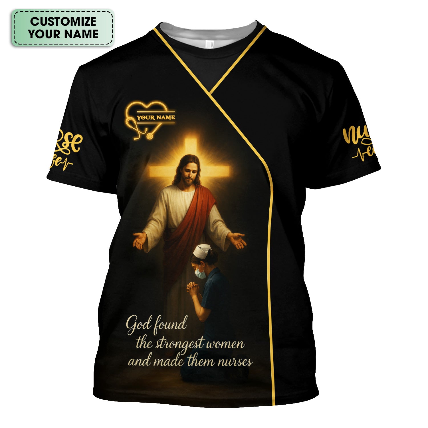 God Found the Strongest Women Nurse Shirt - Christian Faith Scrub Top for RN CNA - Custom Name Spiritual Medical Uniform Gift
