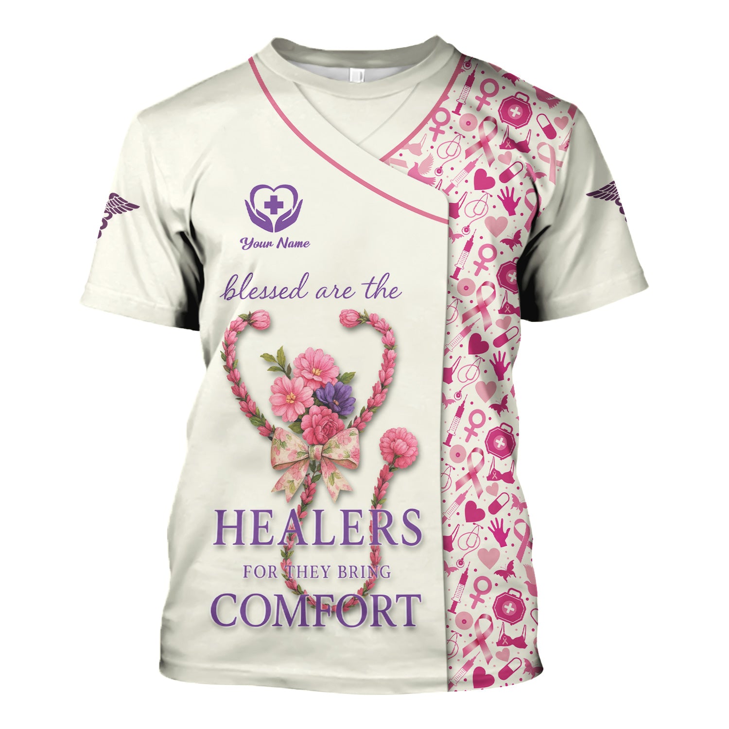 Custom Breast Cancer Awareness Nurse Shirt - Blessed Healers Comfort Quote - Gift for RN LPN CNA