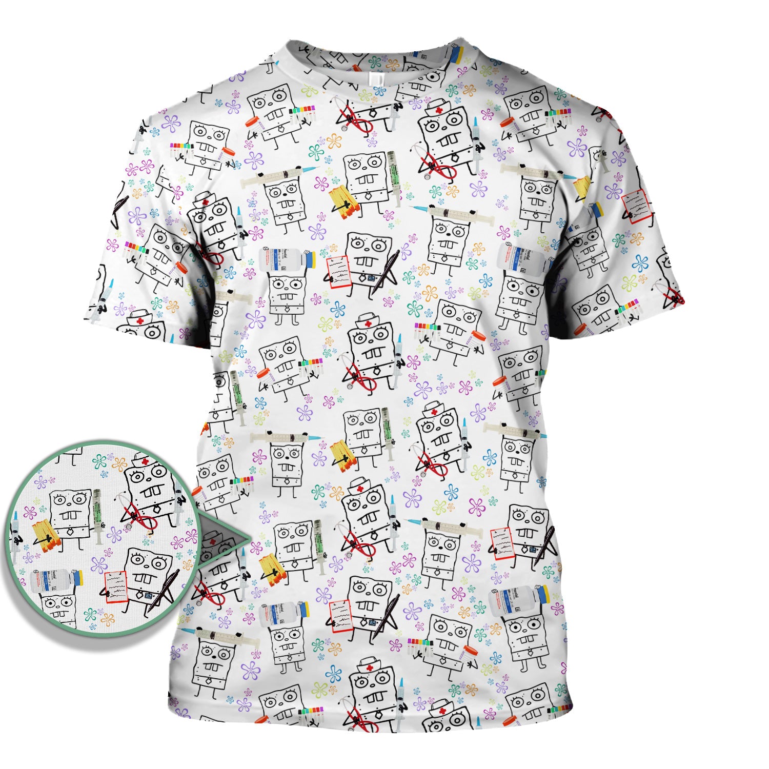 Custom Doodle Bob Energy Drink Nurse Scrub Top - Funny Cartoon Medical Design - Gift for RN MD RT CNA Paramedic Healthcare Staff