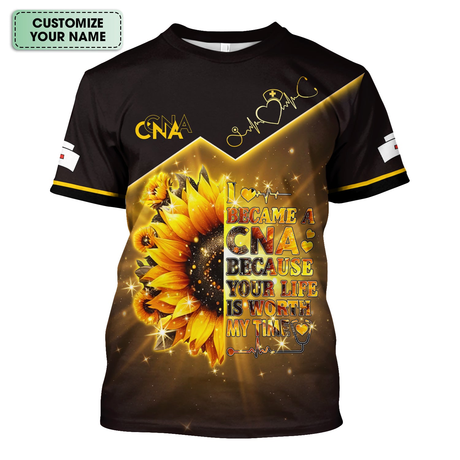 Custom Inspirational CNA T-Shirt - Golden Sunflower & Stethoscope Graphic Tee - Gift for RN LPN Healthcare Workers