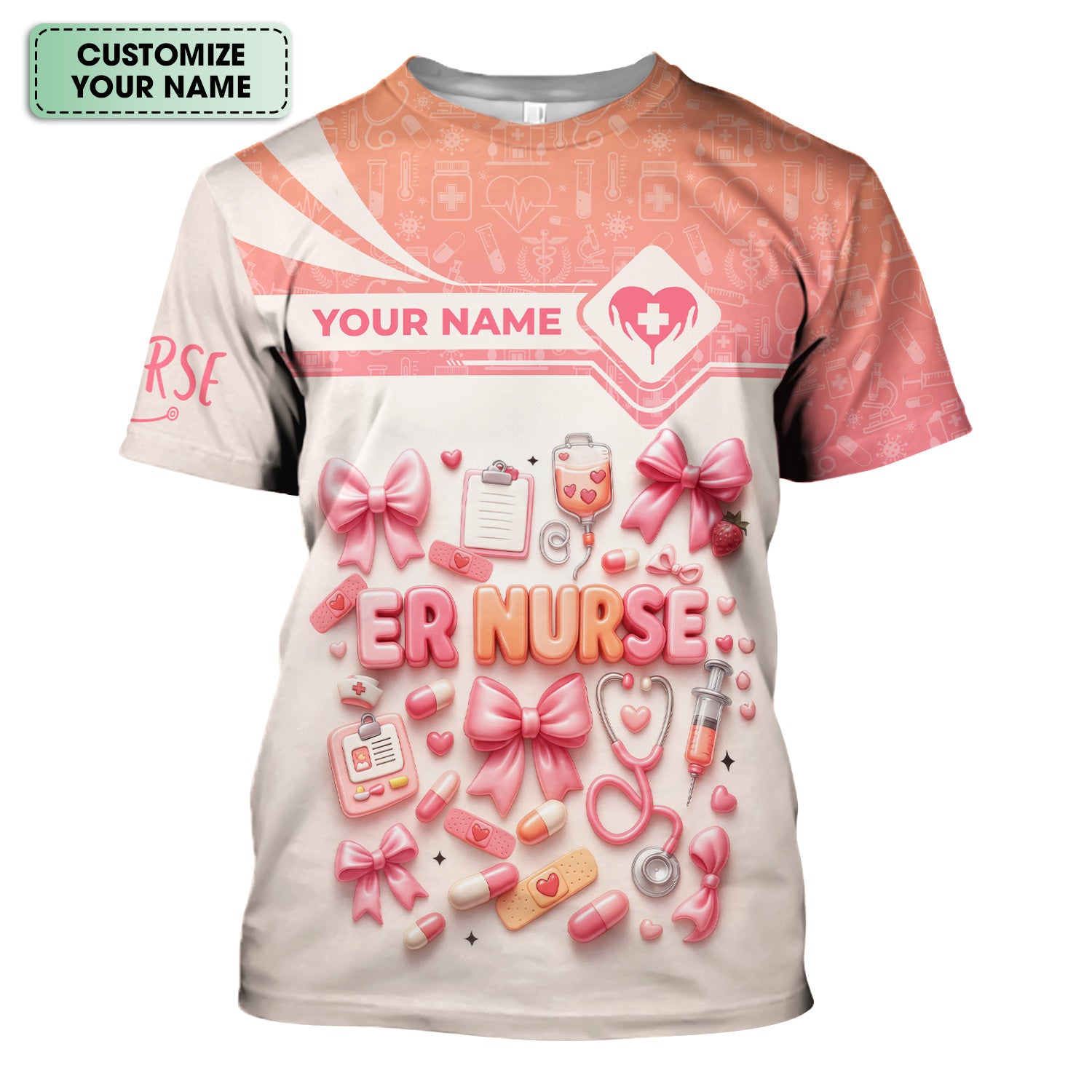 Personalized ER Nurse Scrub Shirt with Name - Cute All Over Print Medical Uniform - Funny Gift for Emergency Room Nurses