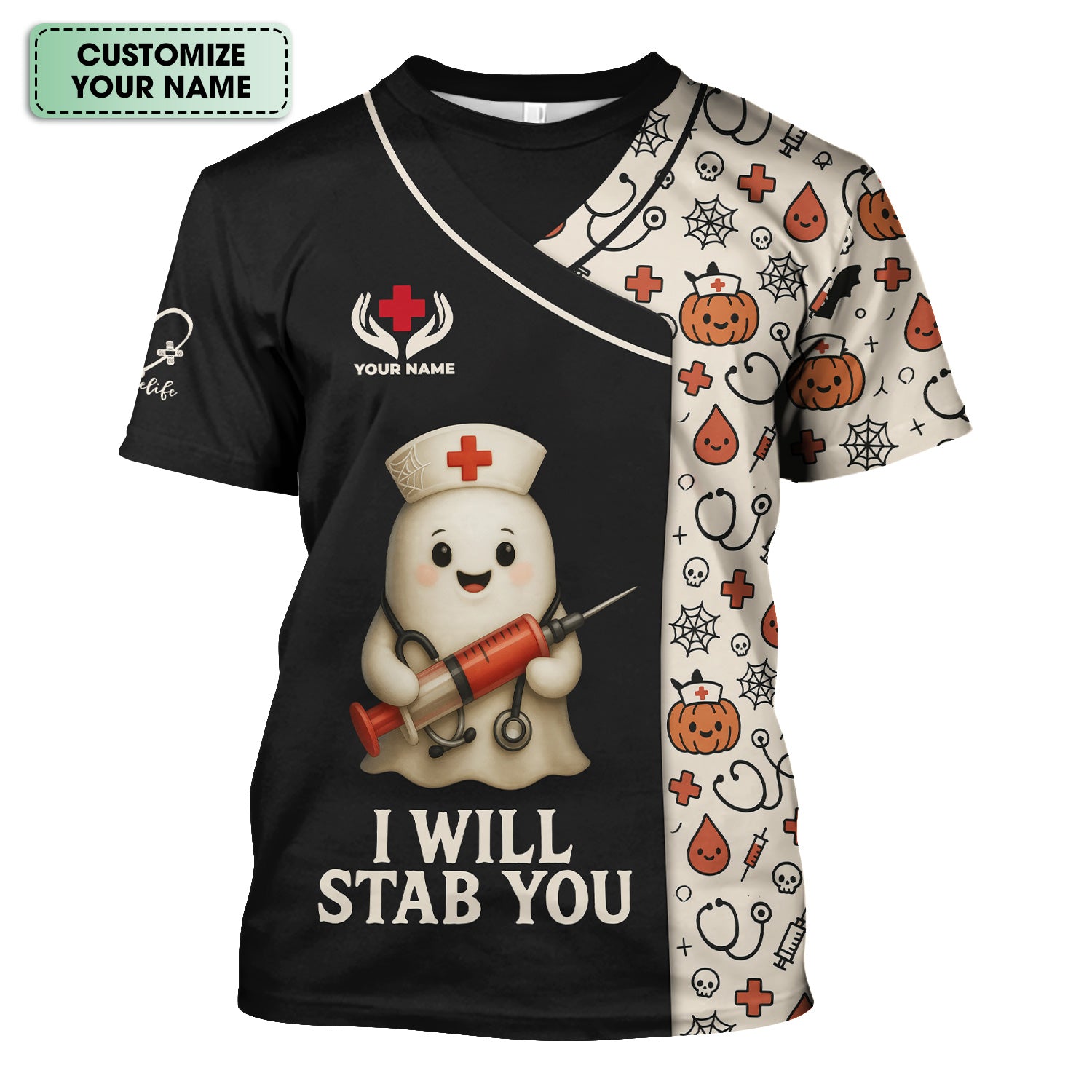 Personalized Funny Halloween Nurse Scrub Top - I Will Stab You Ghost with Syringe for Women RN LPN CNA - Gift for Healthcare Worker