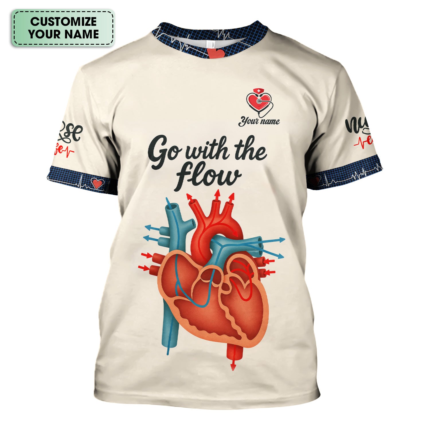 Go With The Flow Nurse Medical Scrub Shirt - Custom Funny Heart Anatomy Design for RN LPN CNA - Gift for Healthcare Workers