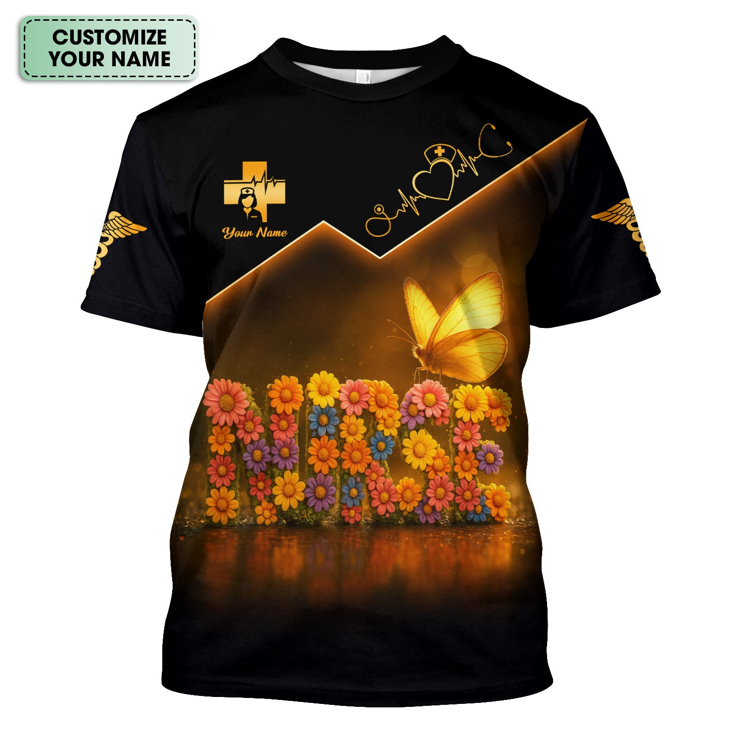 Custom Name Nurse Scrub Top for Women - Floral Butterfly Design with Golden Accents - Medical Uniform Gift for RN LPN CNA