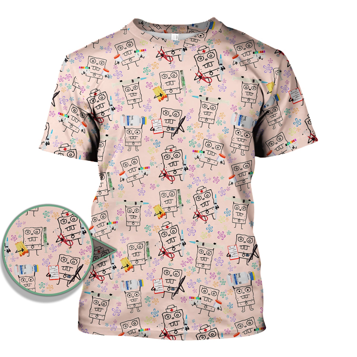 Custom Doodle Bob Energy Drink Nurse Scrub Top - Funny Cartoon Medical Design - Gift for RN MD RT CNA Paramedic Healthcare Staff