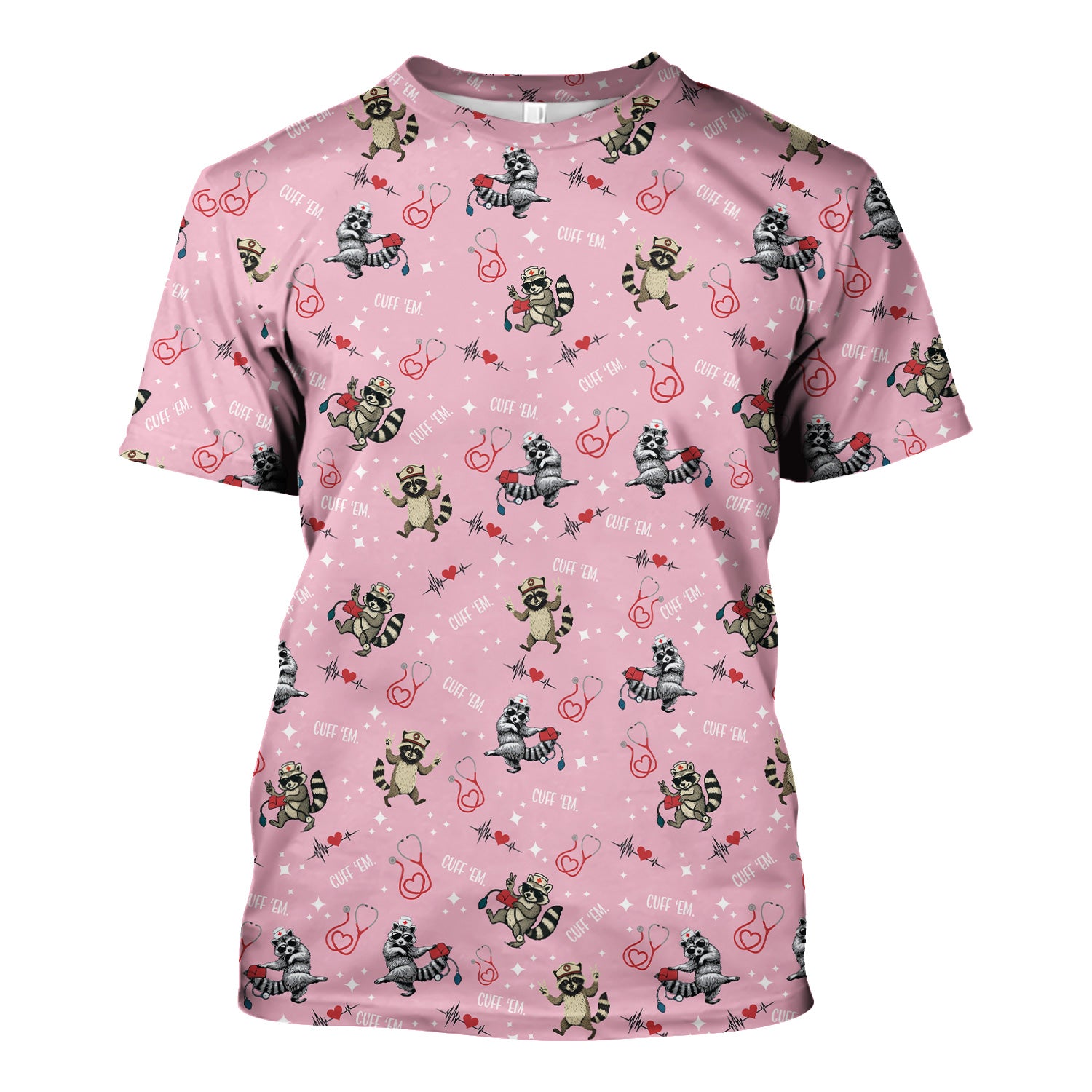 Cuff ‰Û÷Em Raccoon Nurse Shirt - Funny Medical Scrub T-Shirt for CNA EMT LPN - Cute All Over Print Gift for Healthcare Workers