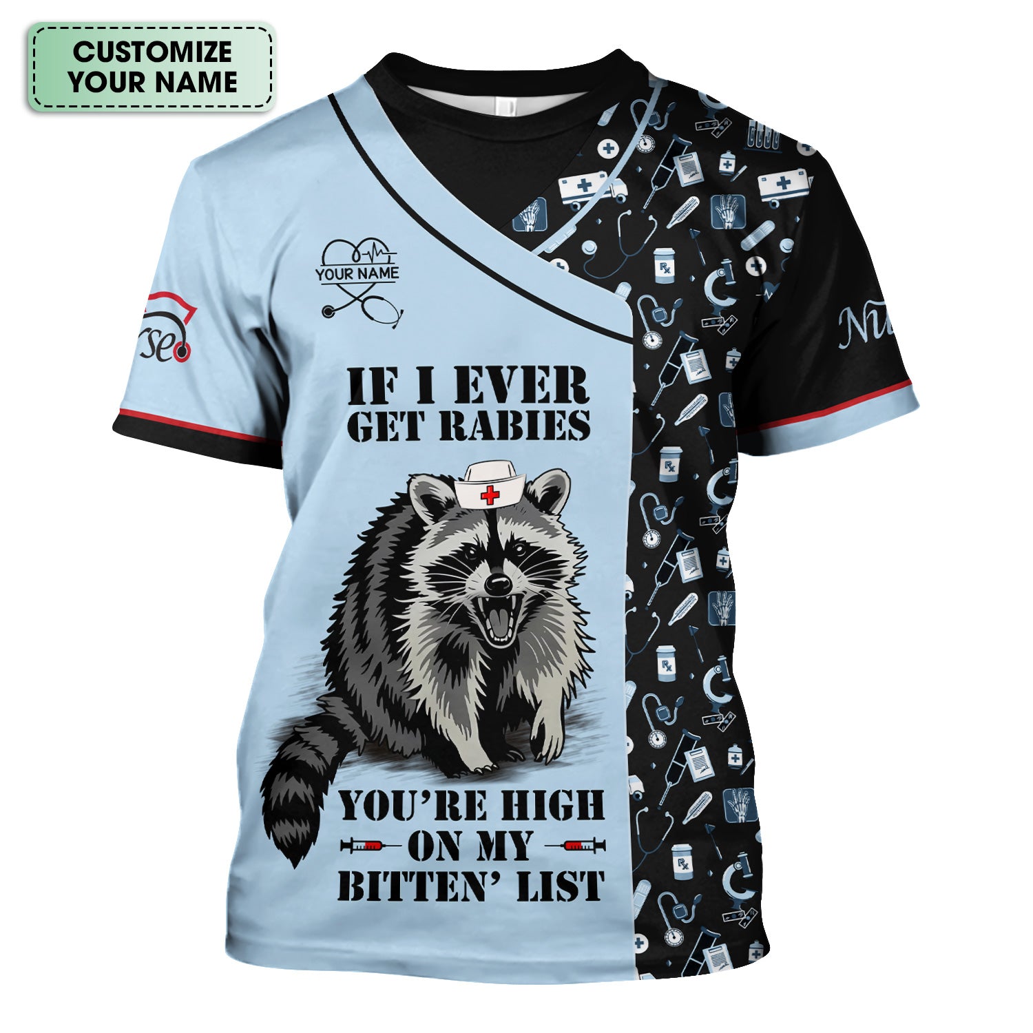 Custom Name Funny Nurse Scrub Top - You're High On My Bitten List - Gift for RN LPN CNA Healthcare Staff