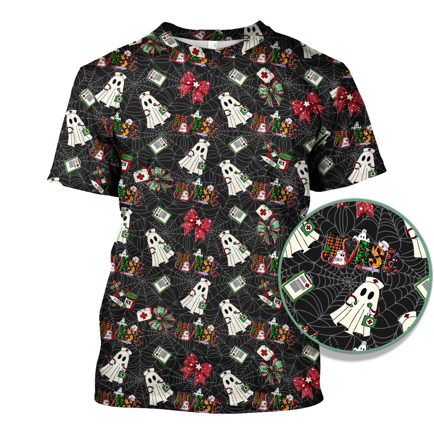 Custom Halloween Scrub Top for Nurses - Funny Ghost and Web Scrub Shirt Multi Color - Cute Spooky Nursing Workwear with Pockets