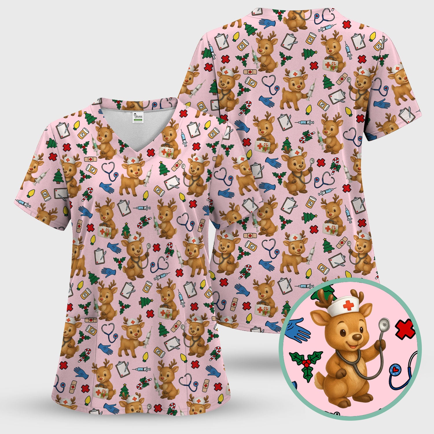 Christmas Scrub Tops and Pants - Reindeer Pattern Nurse Scrub Set - Cute Holiday Medical Print Scrubs for Women RN LPN CNA