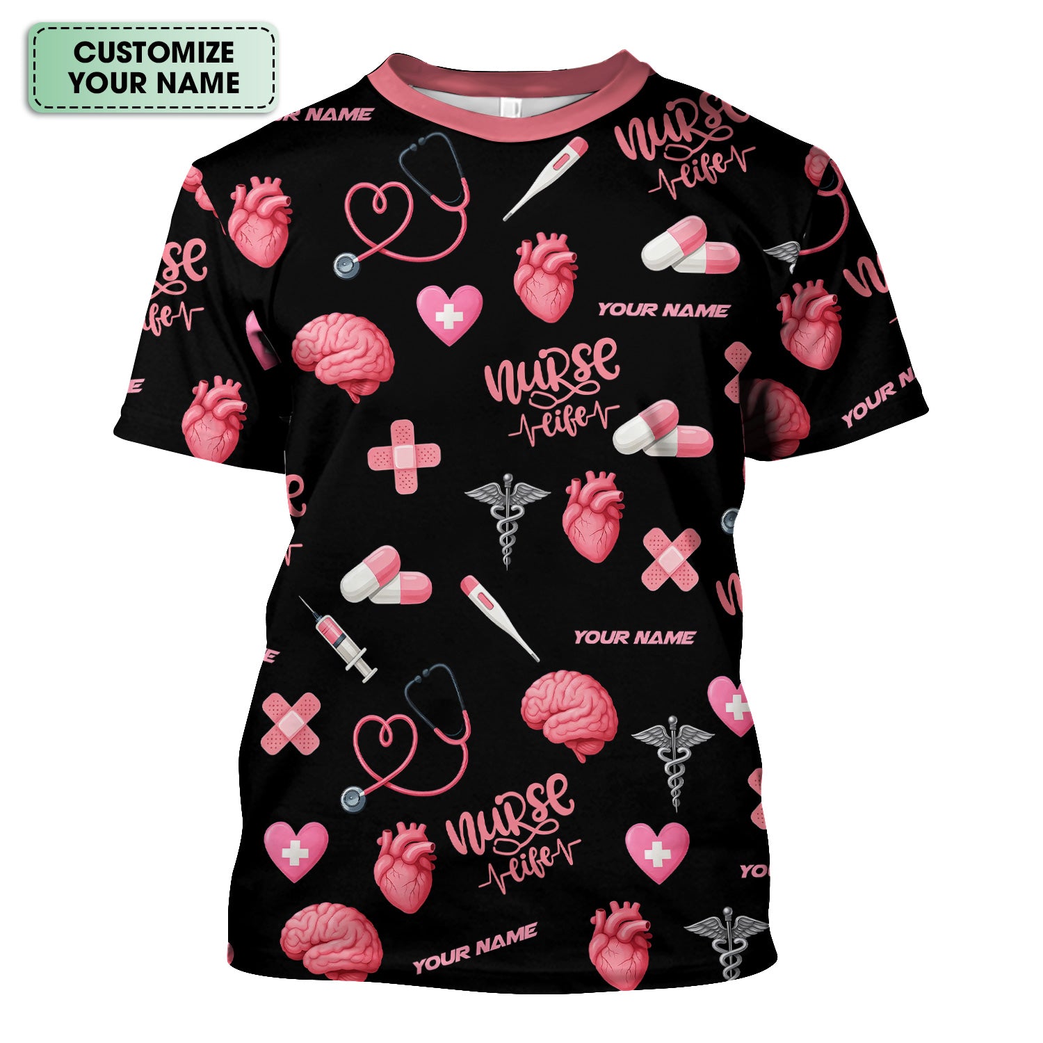 Personalized Nurse Life Shirt - Cute Medical Pattern with Heart Brain Pills Stethoscope - Custom Name Gift for RN CNA LPN Women in Healthcare and Nursing Profession