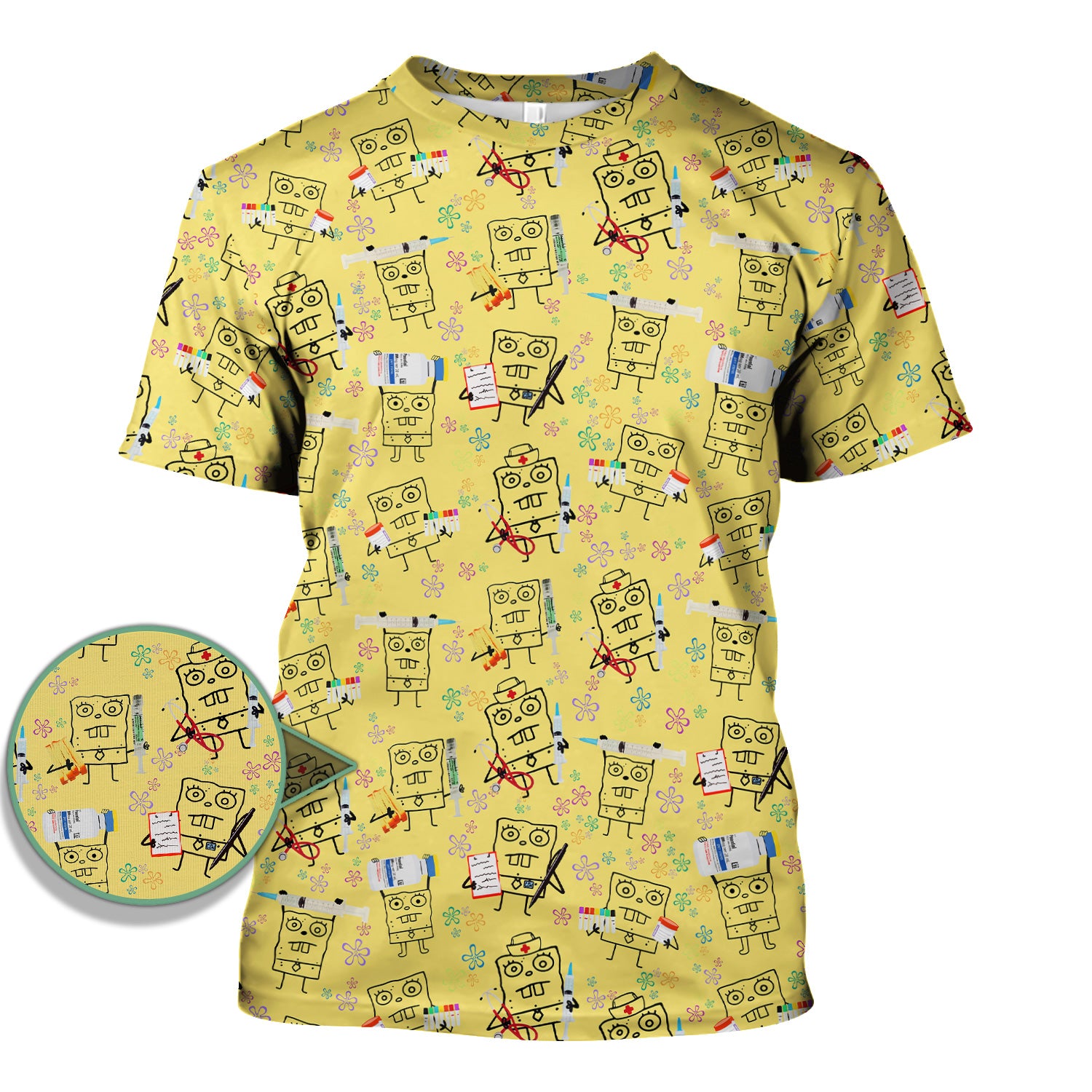 Custom Doodle Bob Energy Drink Nurse Scrub Top - Funny Cartoon Medical Design - Gift for RN MD RT CNA Paramedic Healthcare Staff