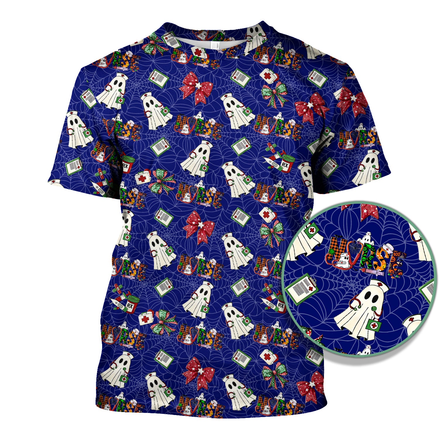 Custom Halloween Scrub Top for Nurses - Funny Ghost and Web Scrub Shirt Multi Color - Cute Spooky Nursing Workwear with Pockets