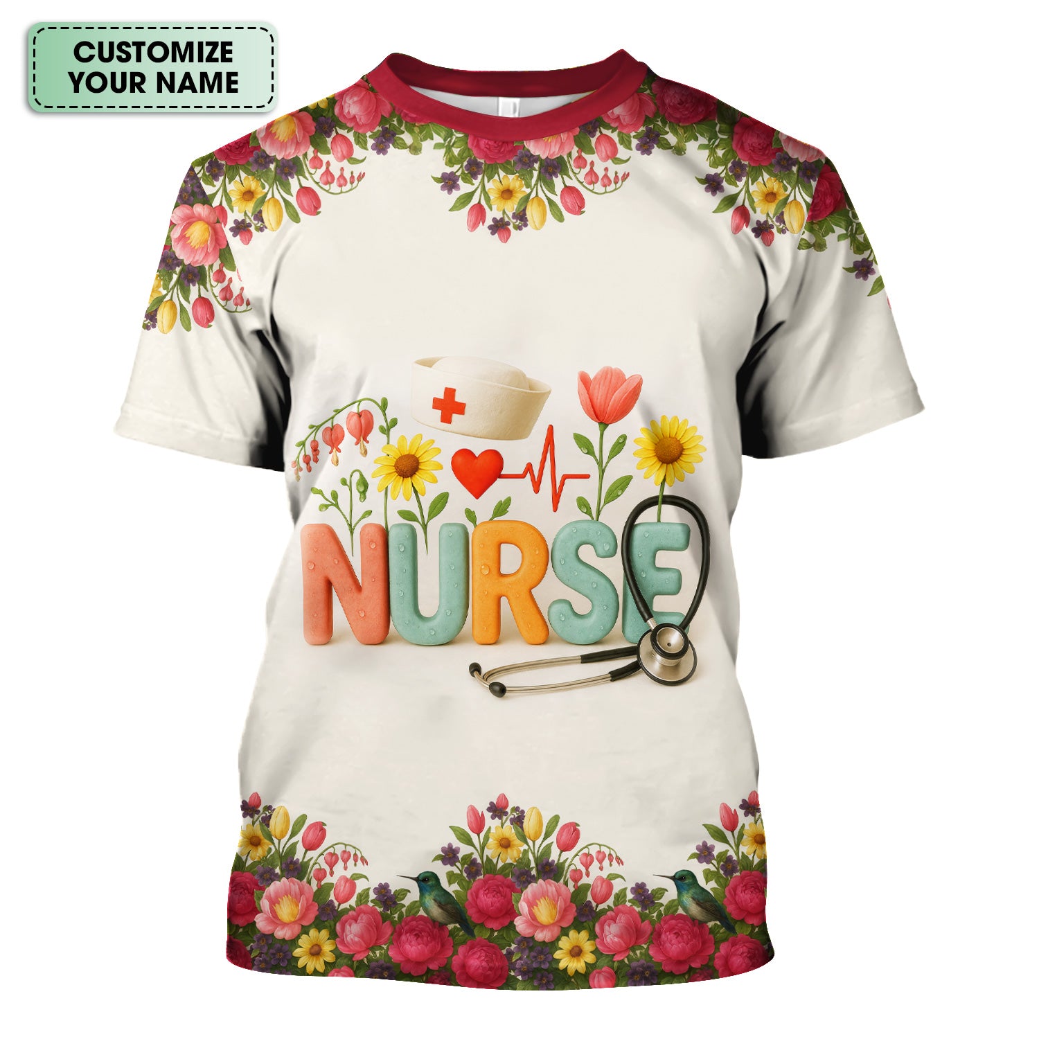 Personalized Floral Nurse Shirt with Name - Cute Colorful Flowers and Stethoscope Design - Thoughtful Gift for Women RN CNA LPN in Healthcare and Nursing Profession