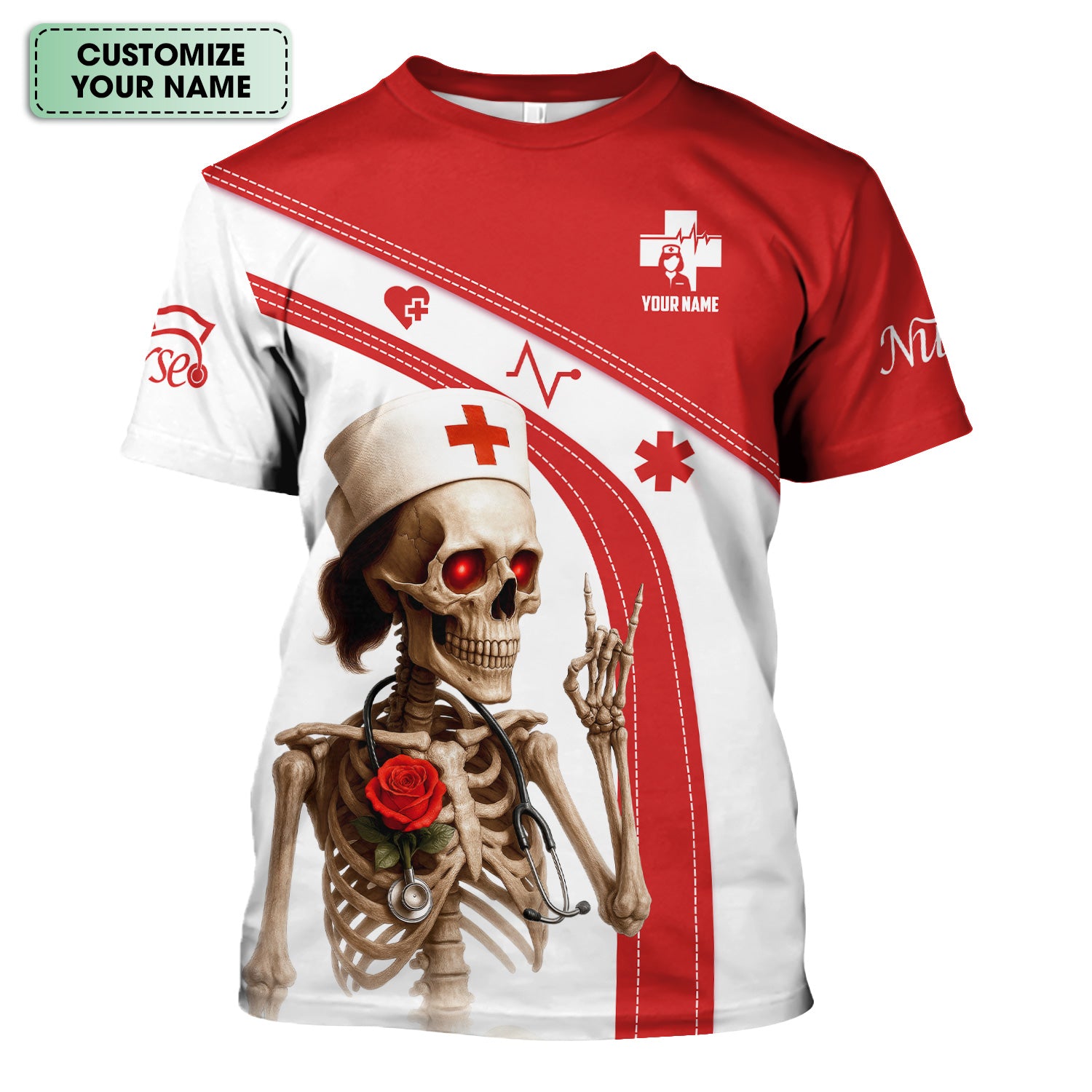Funny Skeleton Nurse Shirt Personalized with Name - Dark Humor Gift for RN CNA LPN - Red White Scrubs Quote Tee for Healthcare Workers - Healthcare Dark Humor Tee