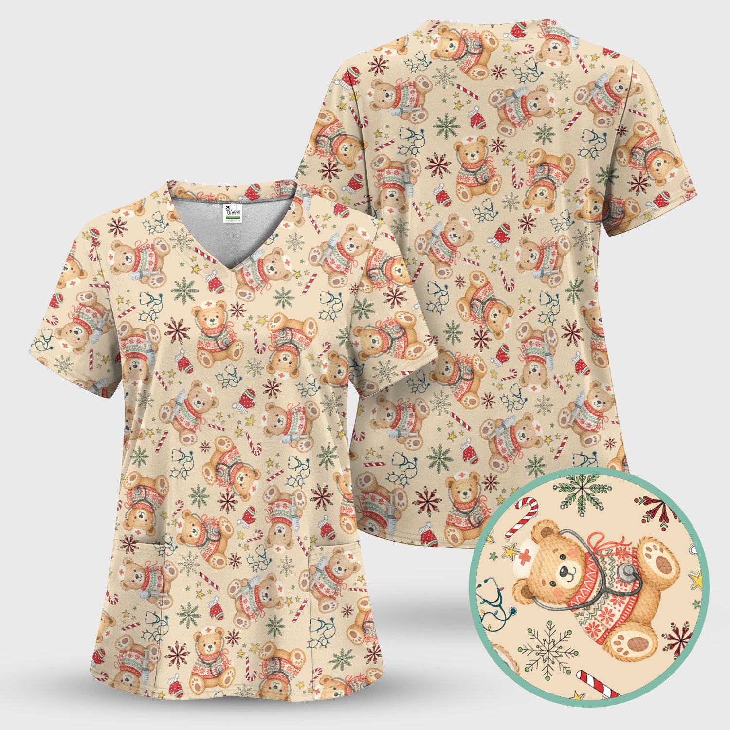Christmas Teddy Bear Nurse Scrub Top for Women - Cute Holiday Medical Shirt RN LPN CNA Gift - Festive Nursing Uniform