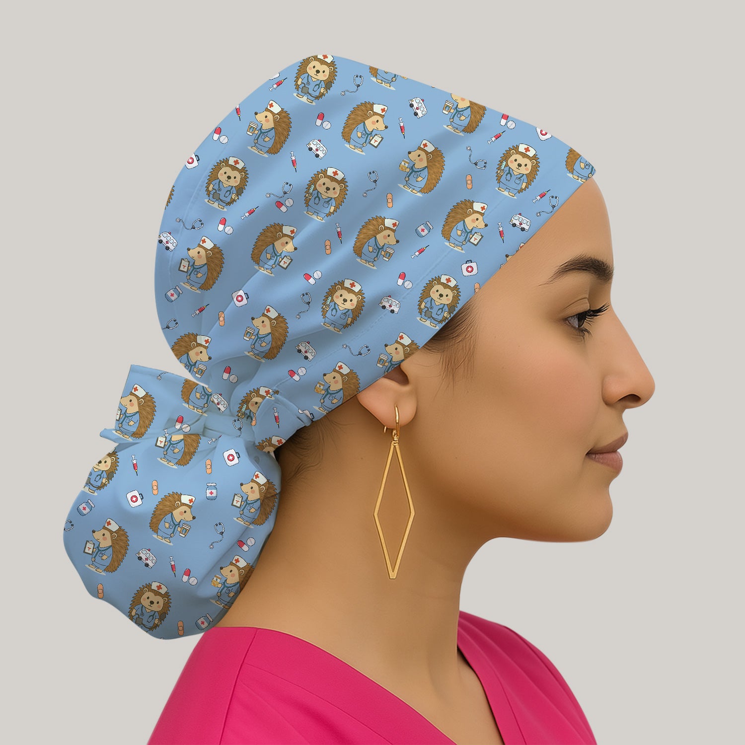Cute Nurse Animal Scrub Cap - Cute Hedgehog with Coffee & Stethoscope Design - Gift for Healthcare Workers & Vet Techs