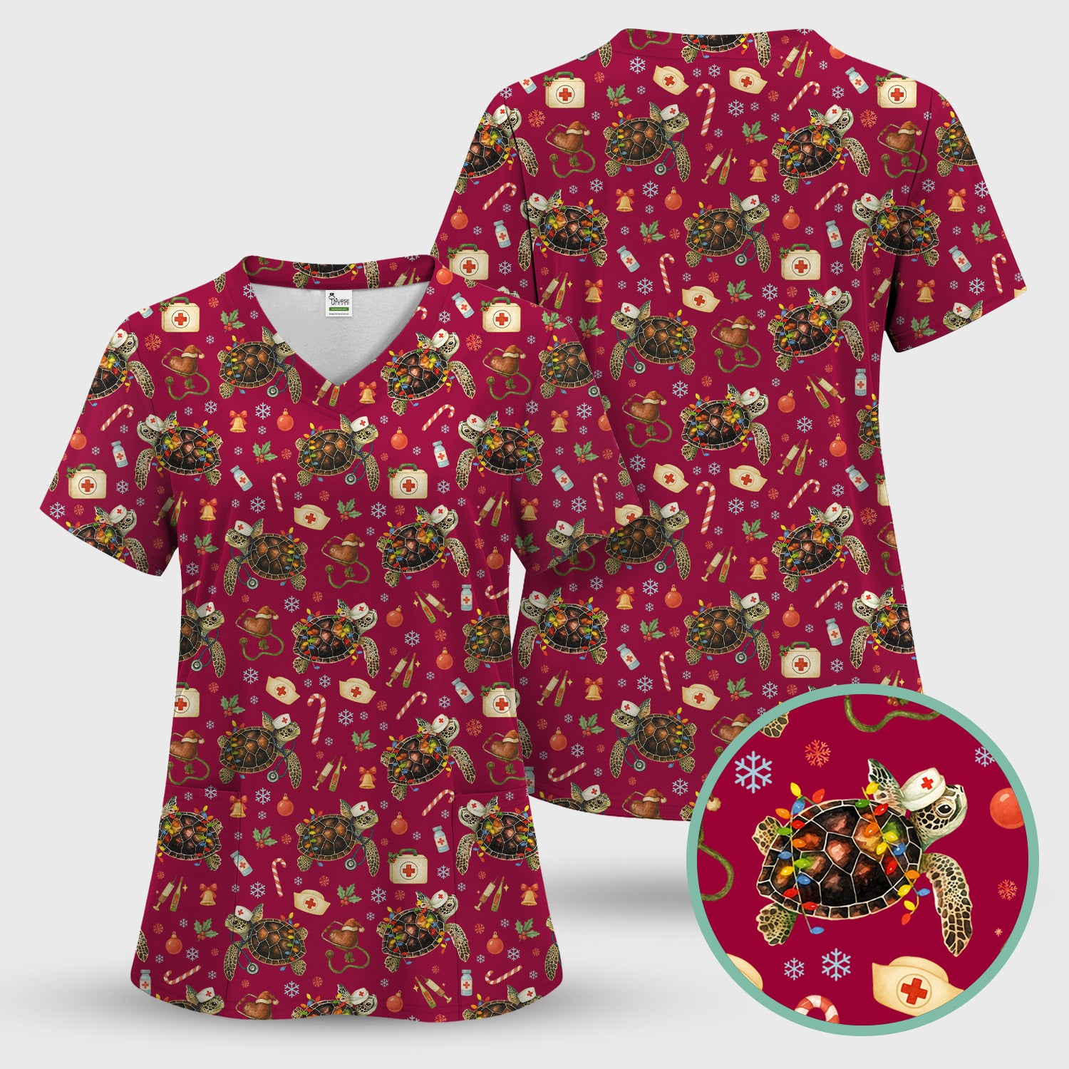 Christmas Turtle Scrub Top for Women - Cute Sea Turtle Nursing Medical Shirt - Festive Holiday Scrubs for CNA LPN RN