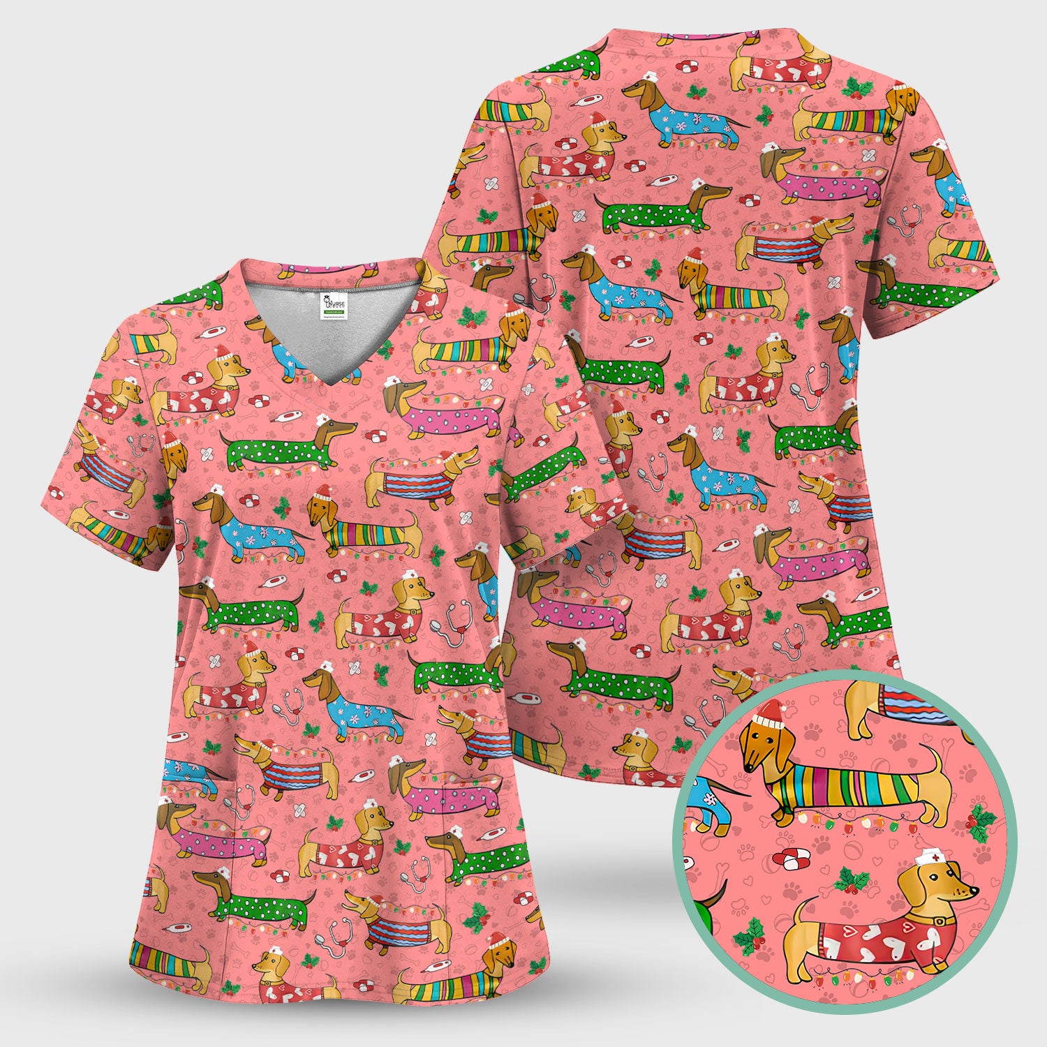 Christmas Scrub Top for Women - Funny Dachshund Nurse Shirt - Cute Holiday Medical Uniform Gift for RN LPN CNA