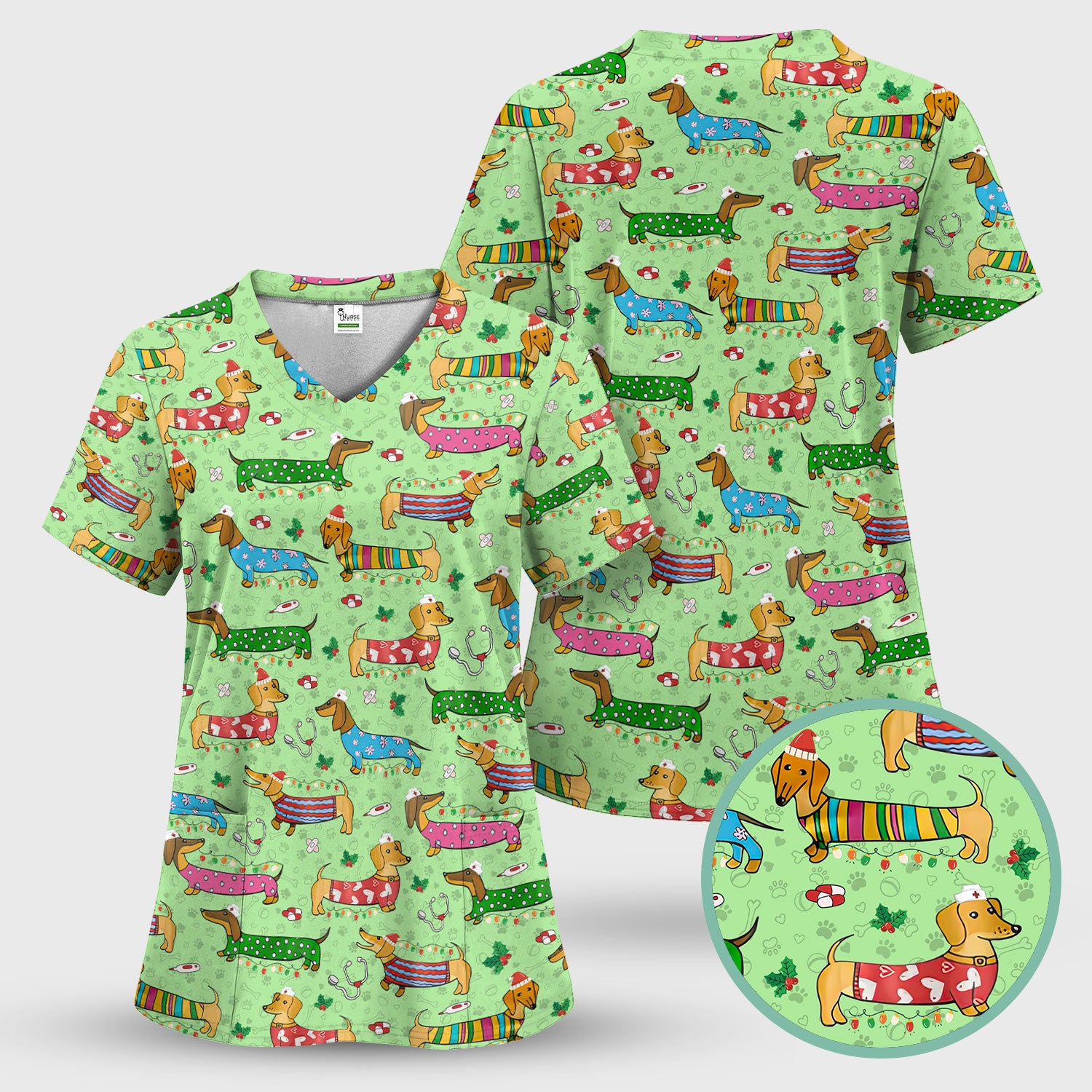 Christmas Scrub Top for Women - Funny Dachshund Nurse Shirt - Cute Holiday Medical Uniform Gift for RN LPN CNA