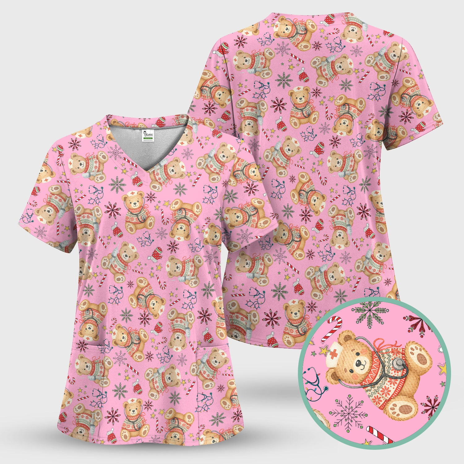 Christmas Teddy Bear Nurse Scrub Top for Women - Cute Holiday Medical Shirt RN LPN CNA Gift - Festive Nursing Uniform