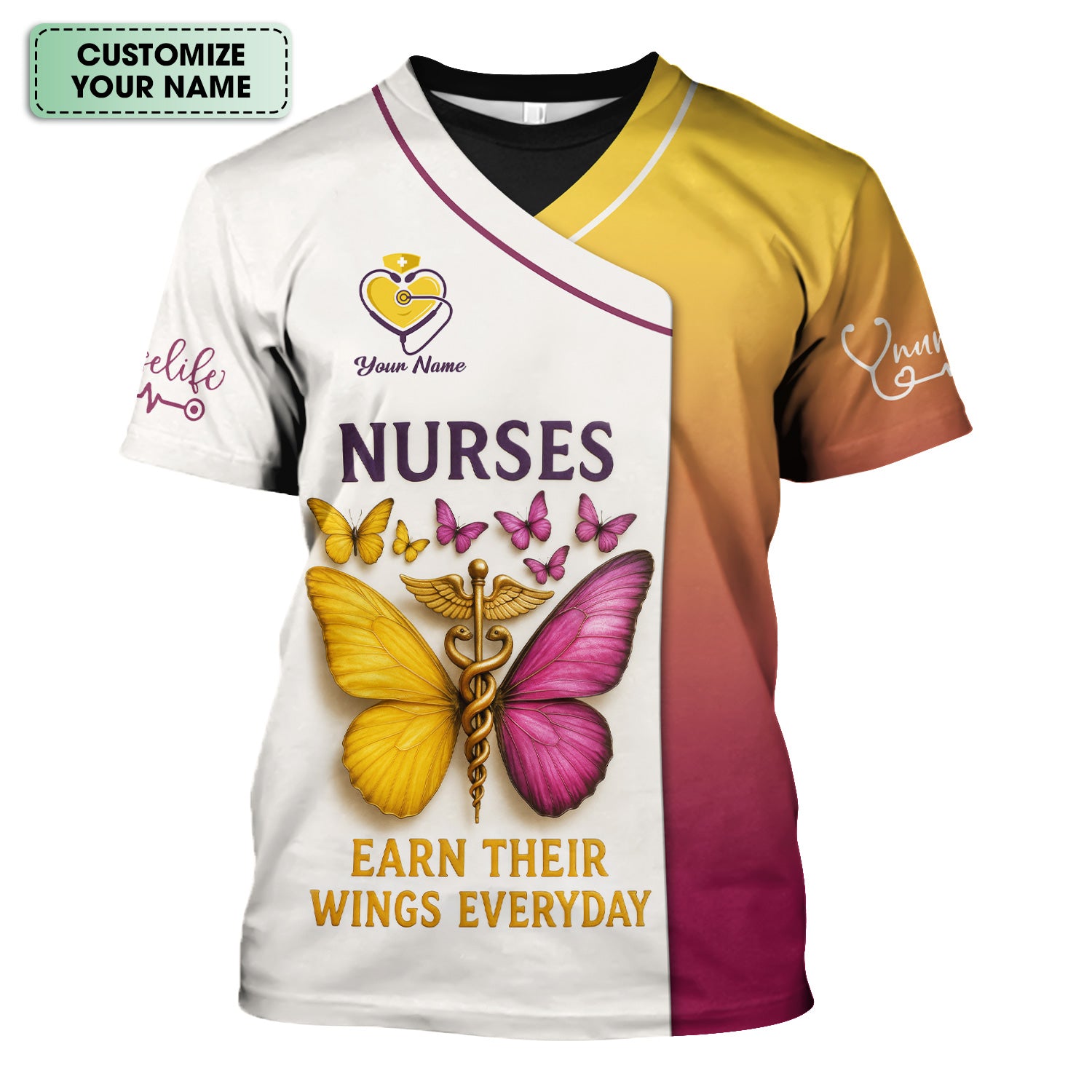 Personalized Butterfly Nurse Shirt - Nurses Earn Their Wings Everyday - Custom RN LPN CNA Uniform Top Gift for Women