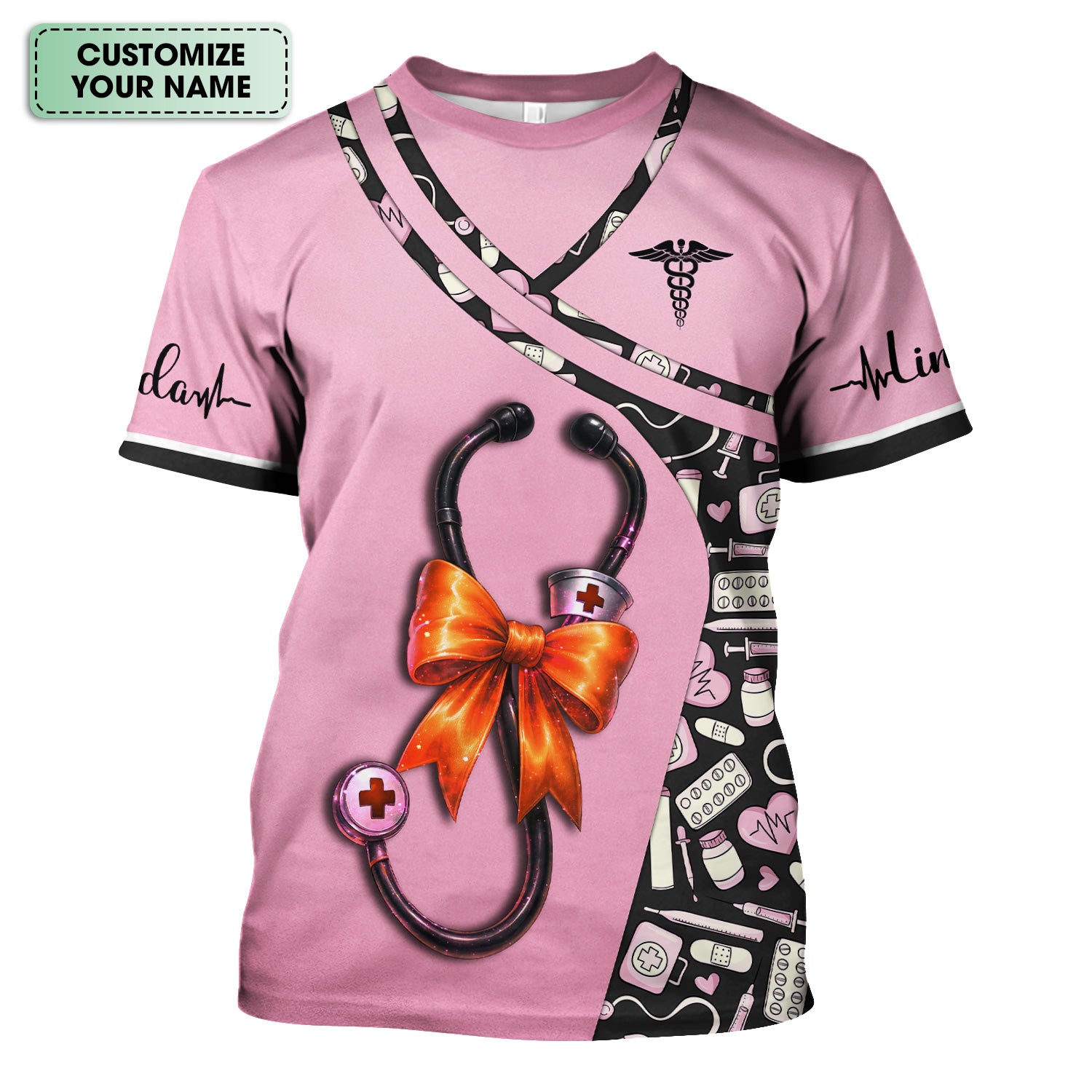 Personalized Halloween Nurse Shirt for Women - Stethoscope Scrub Top with Bow Design - Custom Name RN LPN CNA Gift