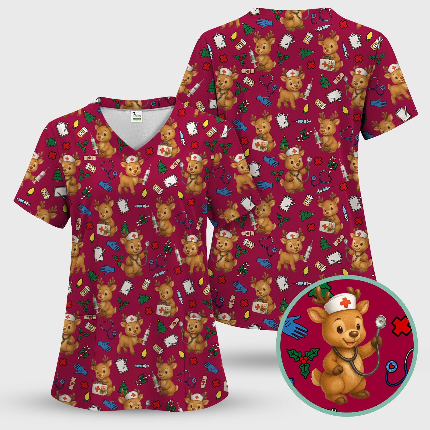 Christmas Scrub Tops and Pants - Reindeer Pattern Nurse Scrub Set - Cute Holiday Medical Print Scrubs for Women RN LPN CNA
