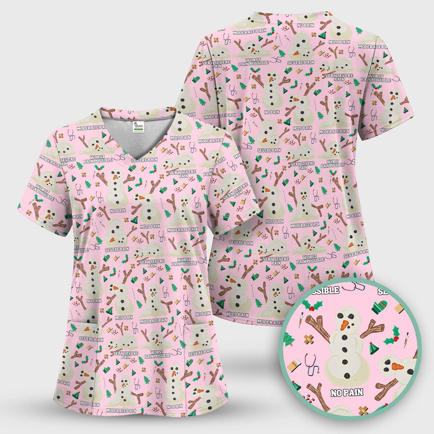 Christmas Snowman Nurse Scrub Top for Women - Funny Pain Scale Medical Shirt - Cute Holiday Nursing Uniform Gift for RN LPN CNA