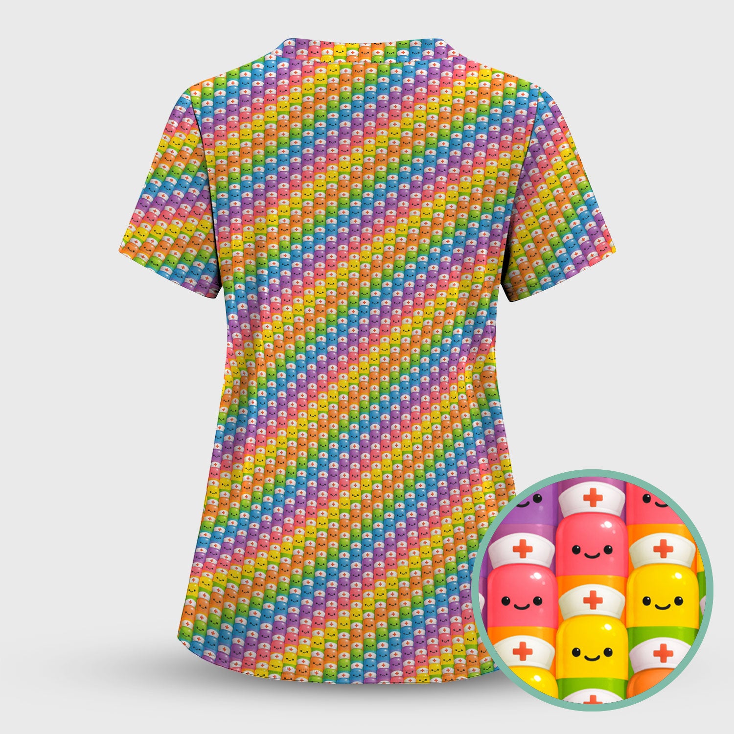 Funny Rainbow Nurse Scrub - Pill Cartoon with Syringe Graphic Tee - Gift for RN CNA LPN or Nursing Student