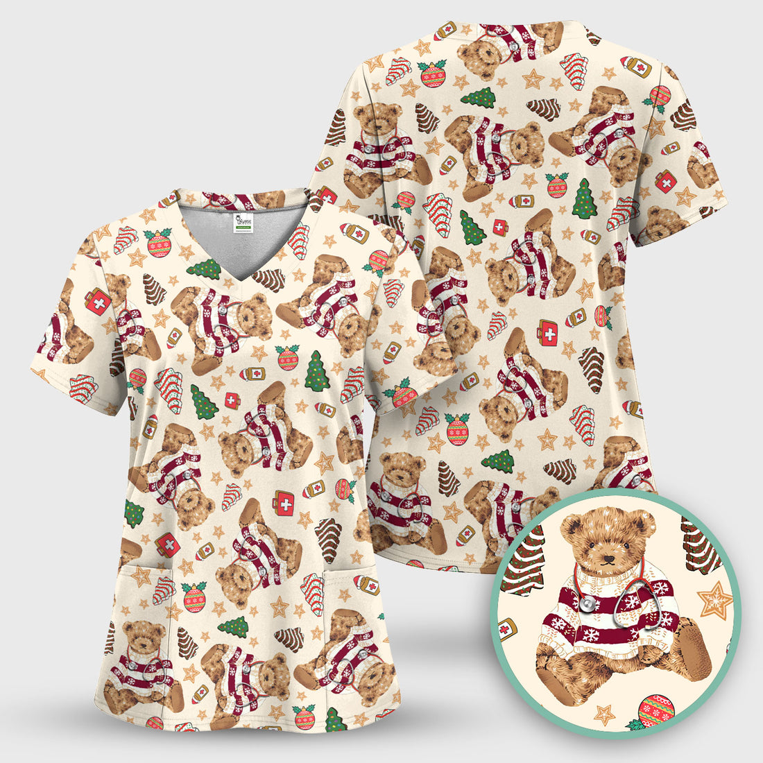 Christmas Teddy Bear Scrub Top for Nurses - Cozy Holiday Pattern with Cute Bear and Medical Icons - Festive Scrubs for Women