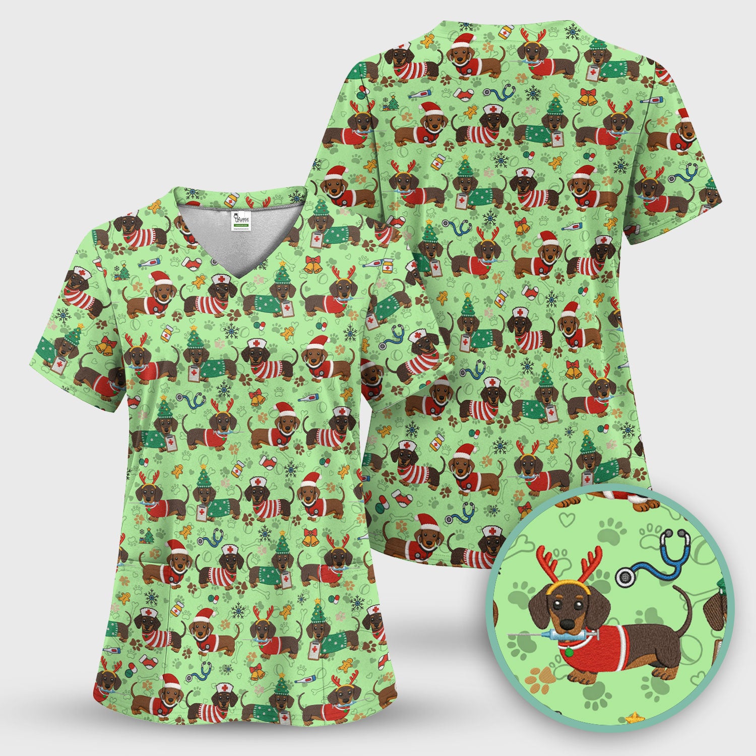 Christmas Wiener Dog Scrub Top for Nurses - Cute Dachshund Medical Shirt - Fun Holiday Scrubs Gift for Women RN CNA LPN